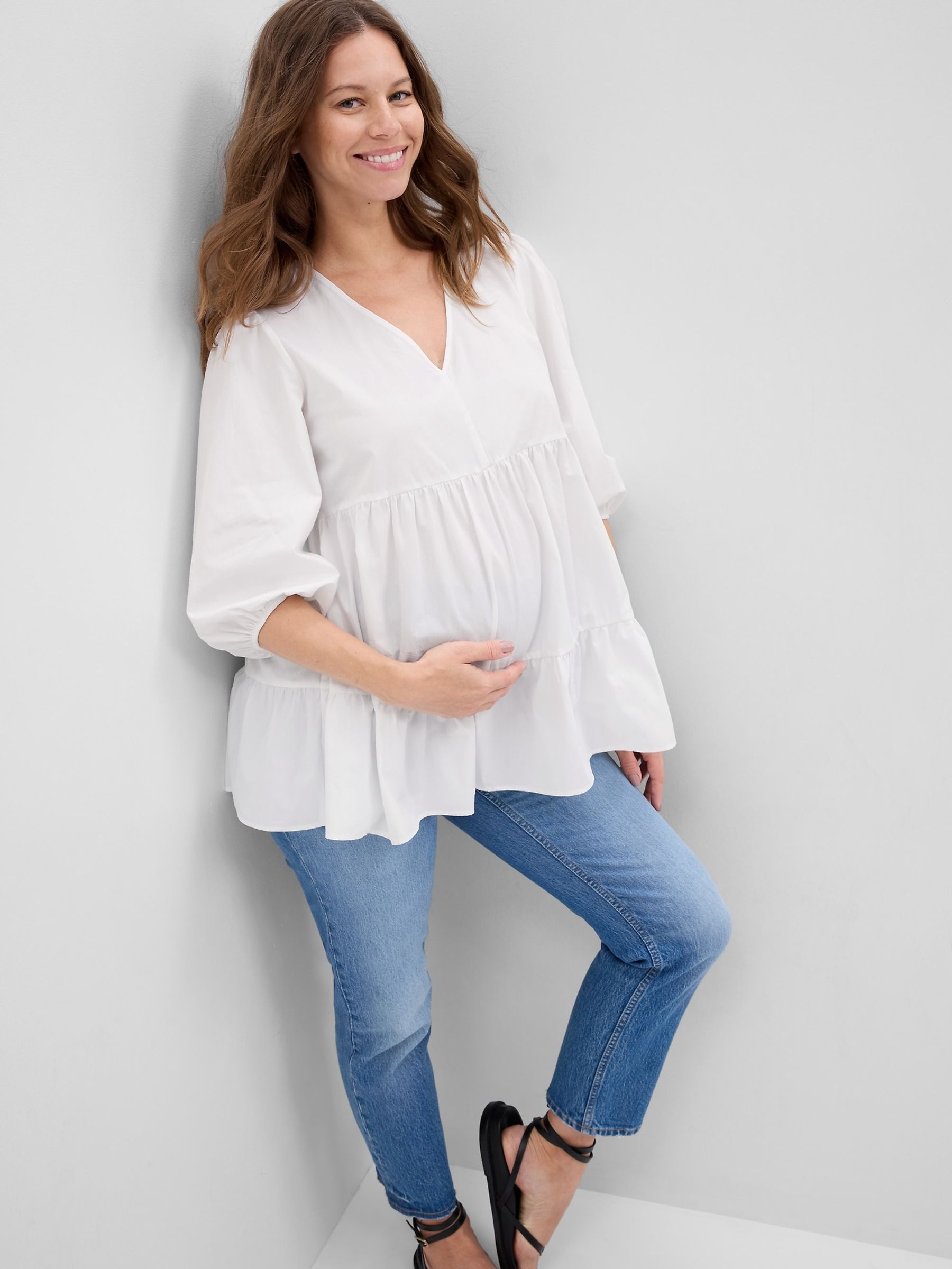 White Maternity Poplin Tiered Top