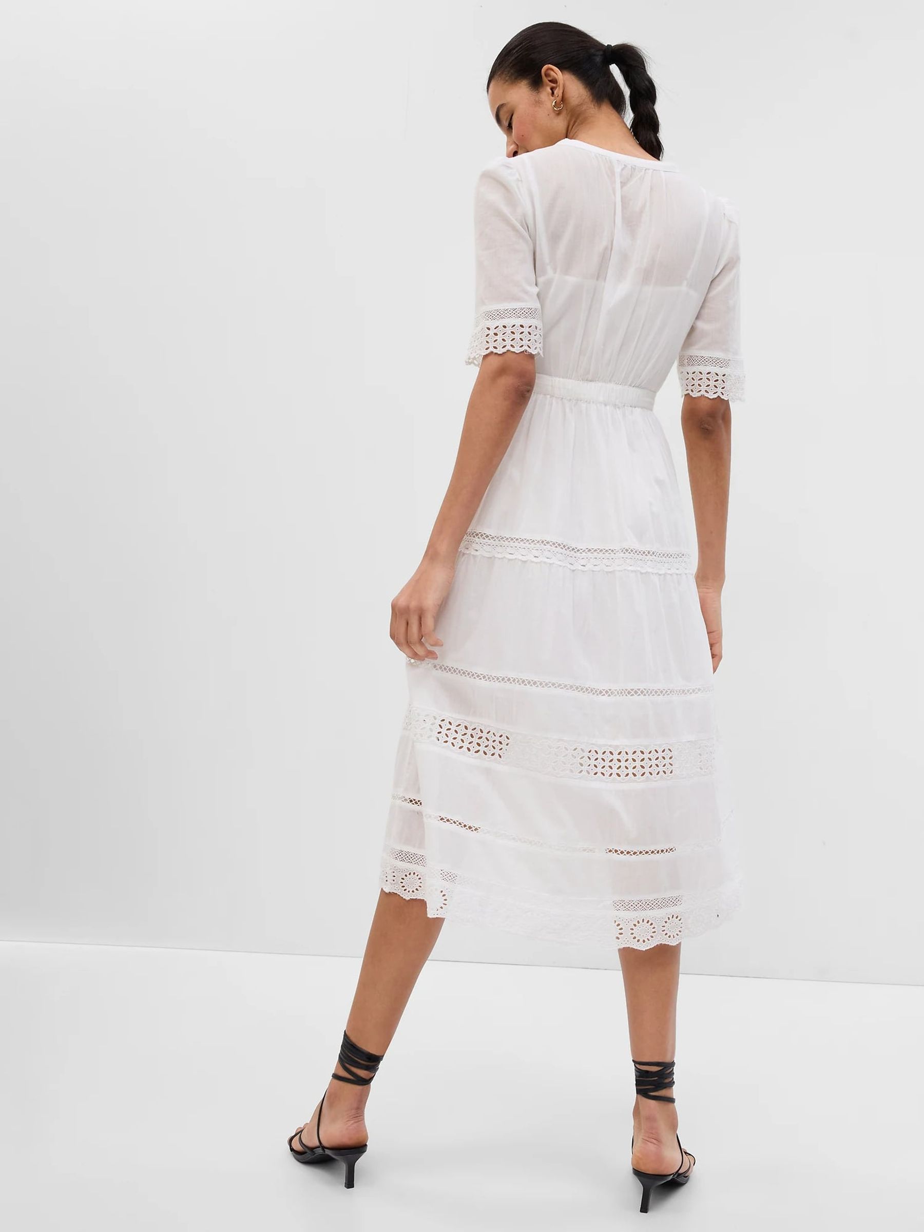 White Lace Button Up Short Sleeve Midi Dress Gap