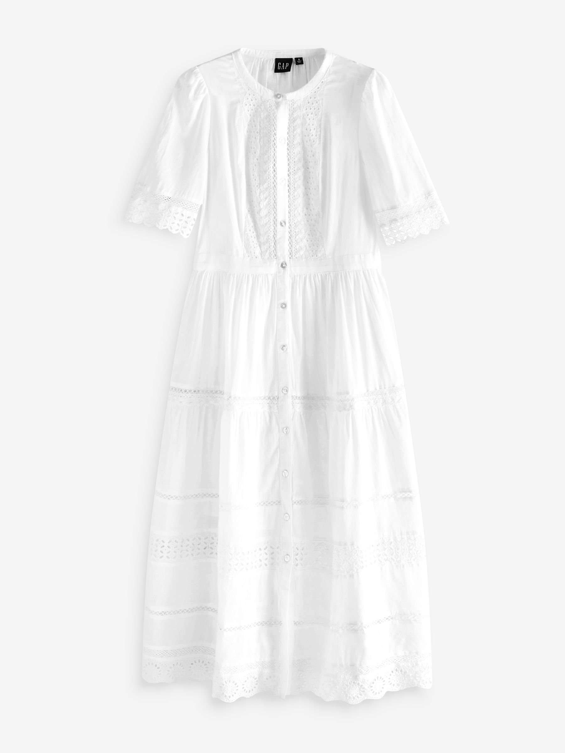 White Lace Button Up Short Sleeve Midi Dress
