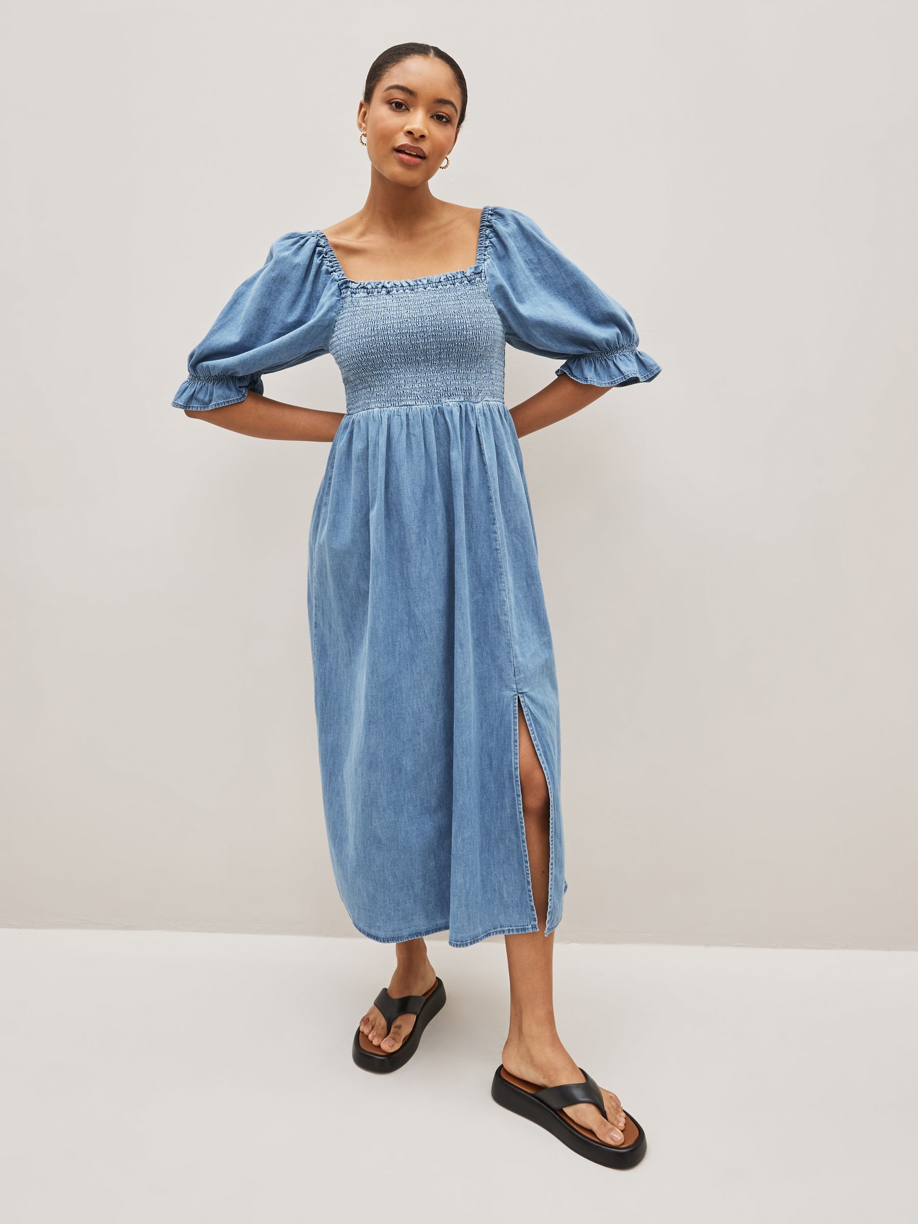 Buy Blue Puff Sleeve Square Neck Denim Midi Dress from the Gap online shop