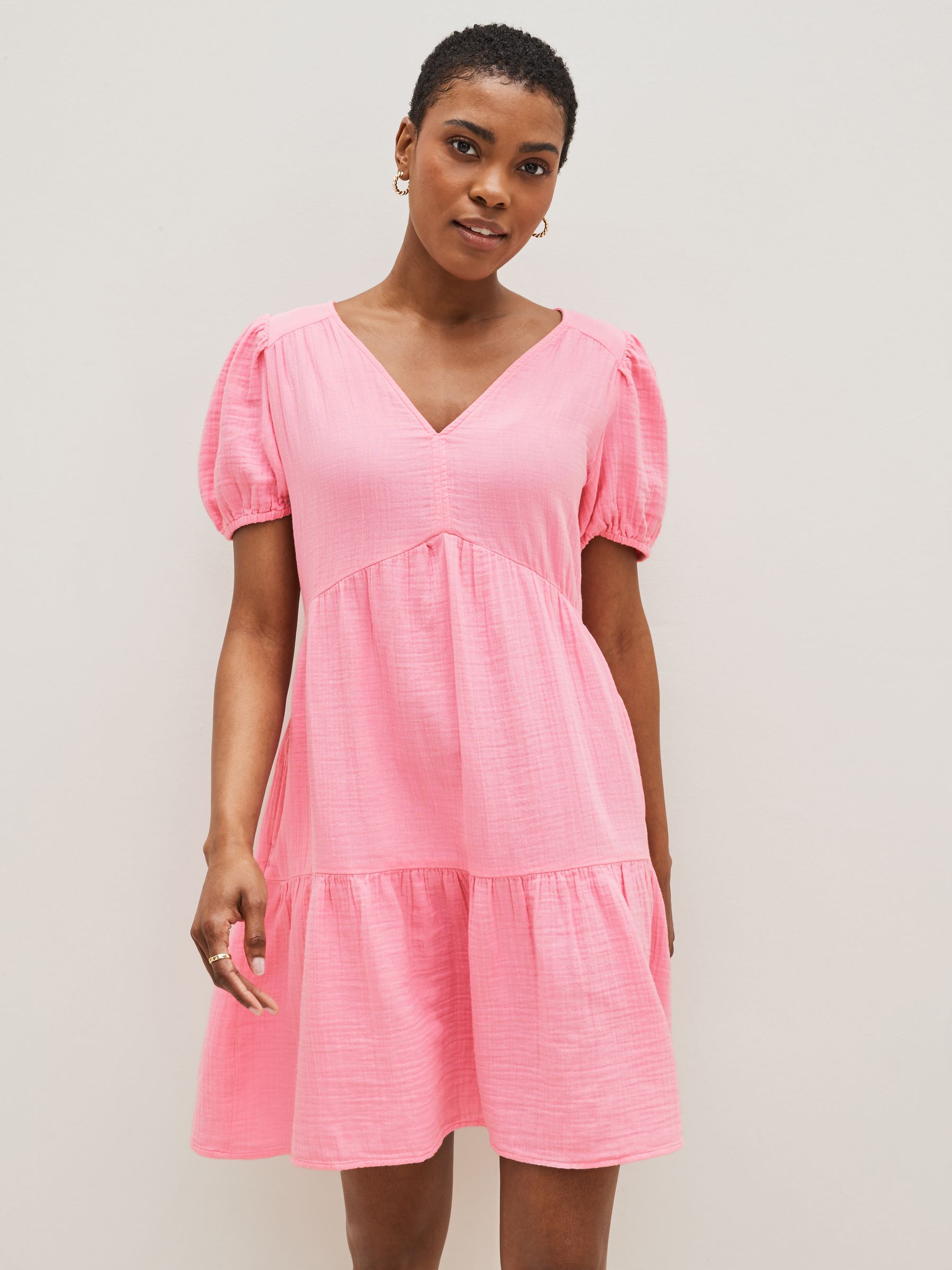 Pink Crinkle Gauze Puff Sleeve Tiered Mini Dress