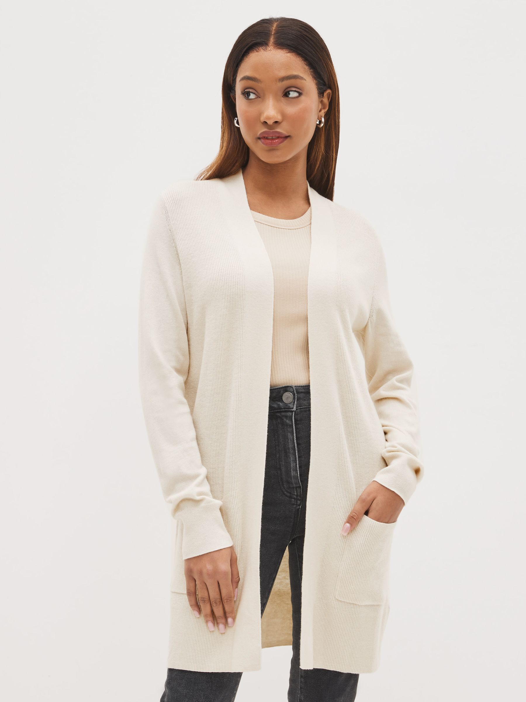 Cream Long Open Front Cardigan