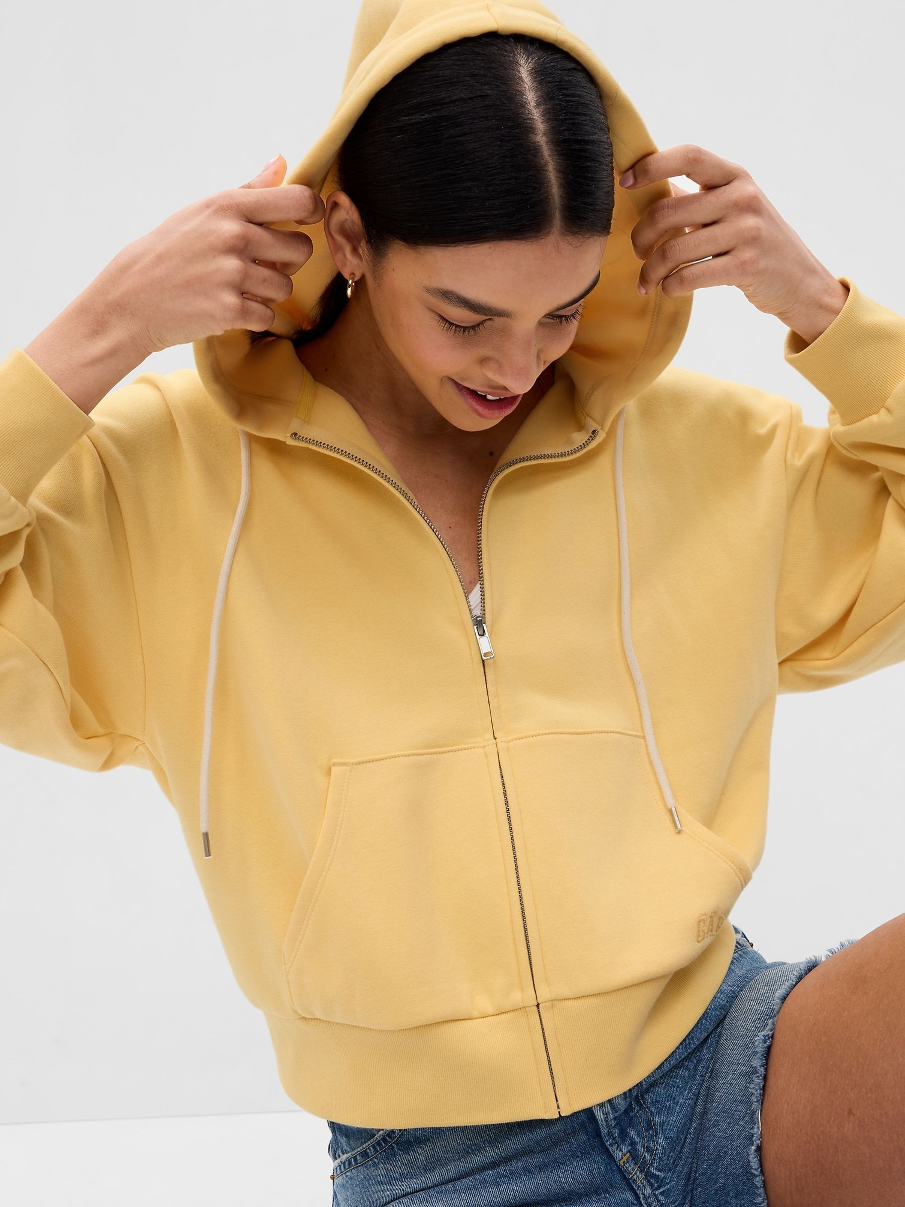 Yellow cropped zip up hoodie discount