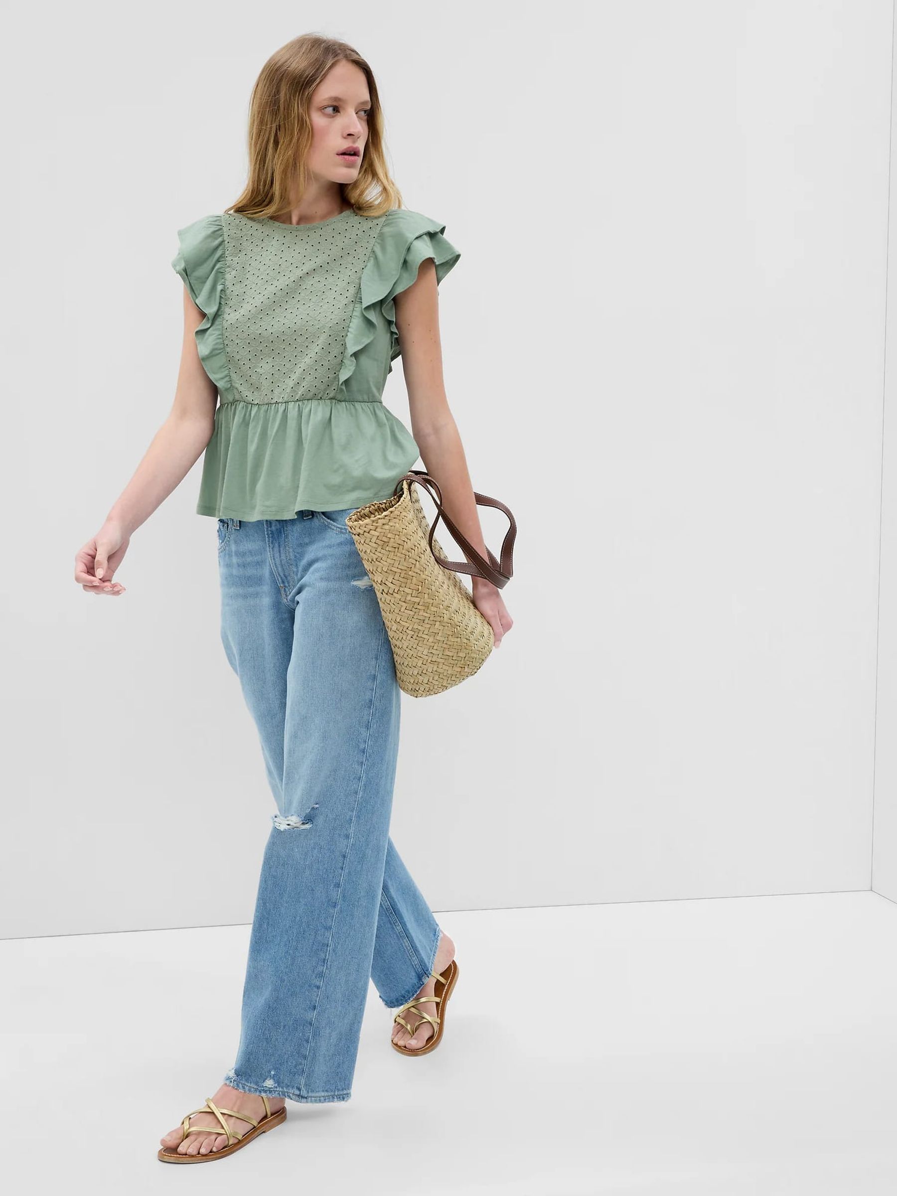 Buy Organic Cotton Vintage Lace Flutter Sleeve Peplum Top from the Gap online shop