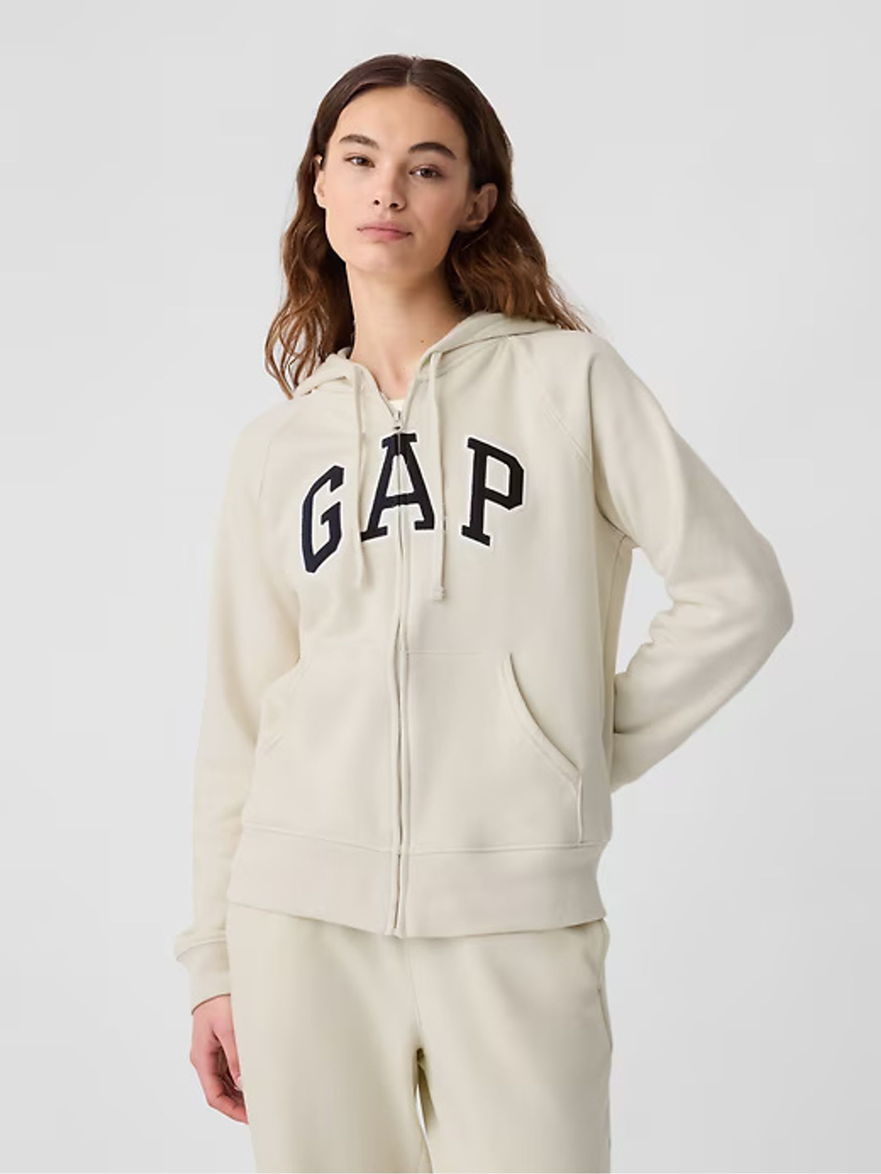 Beige Logo Zip Through Hoodie