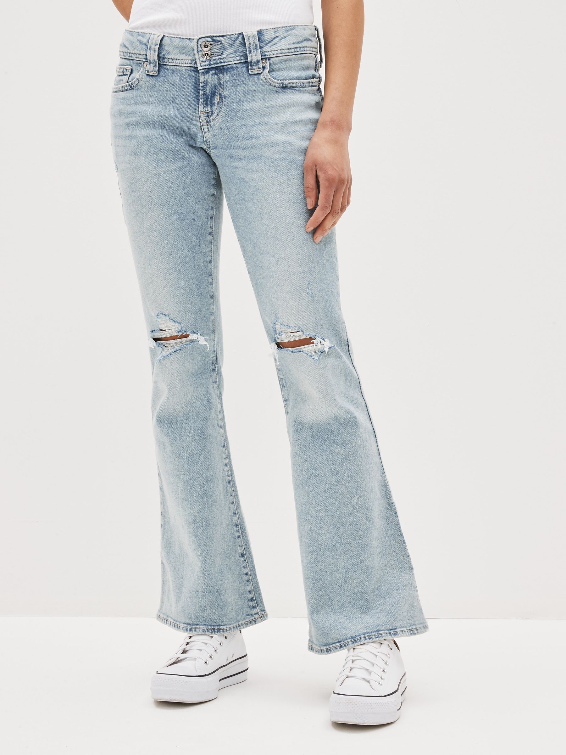 Blue Acid Wash Low Rise Ripped Knee Flare Jeans