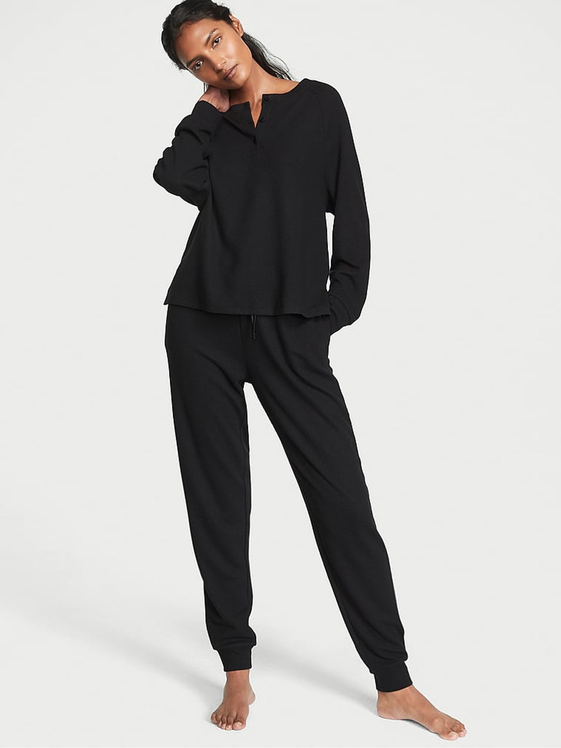 Buy Victoria s Secret Black Waffle Long Pyjamas from the Victoria s Secret UK online shop