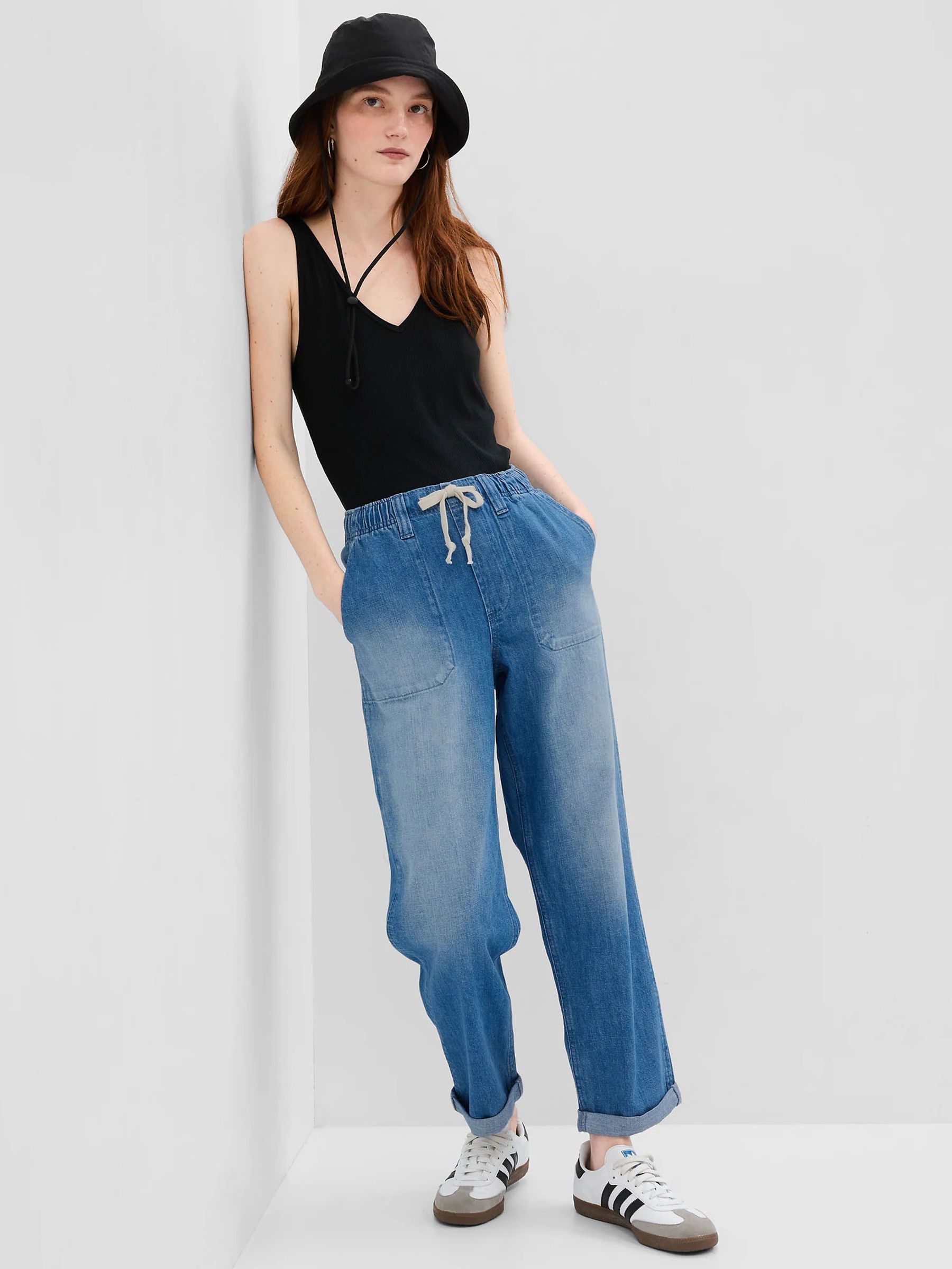 Mid Wash Blue High Waisted Ripped Knee Pull On Easy Jeans