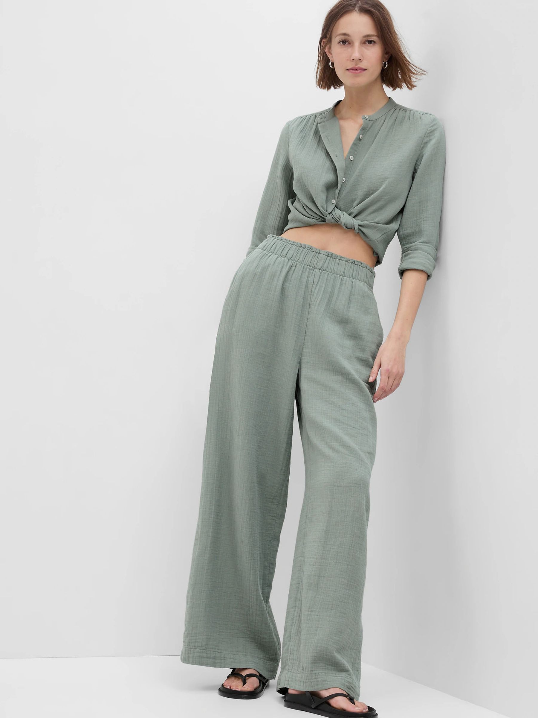 Green Crinkle Gauze Wide Leg Cotton Trousers
