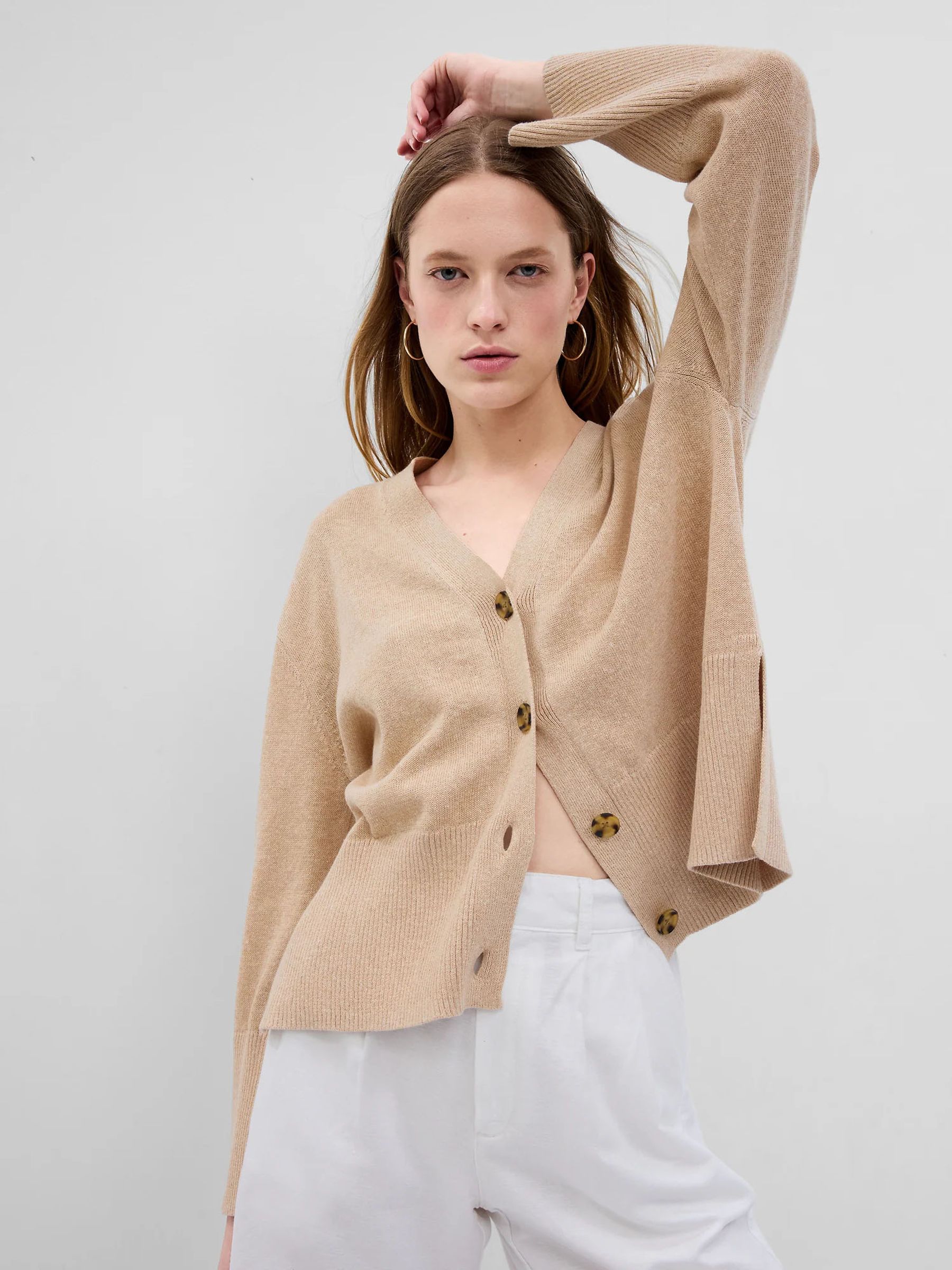 Beige Linen Blend Boyfriend Cardigan