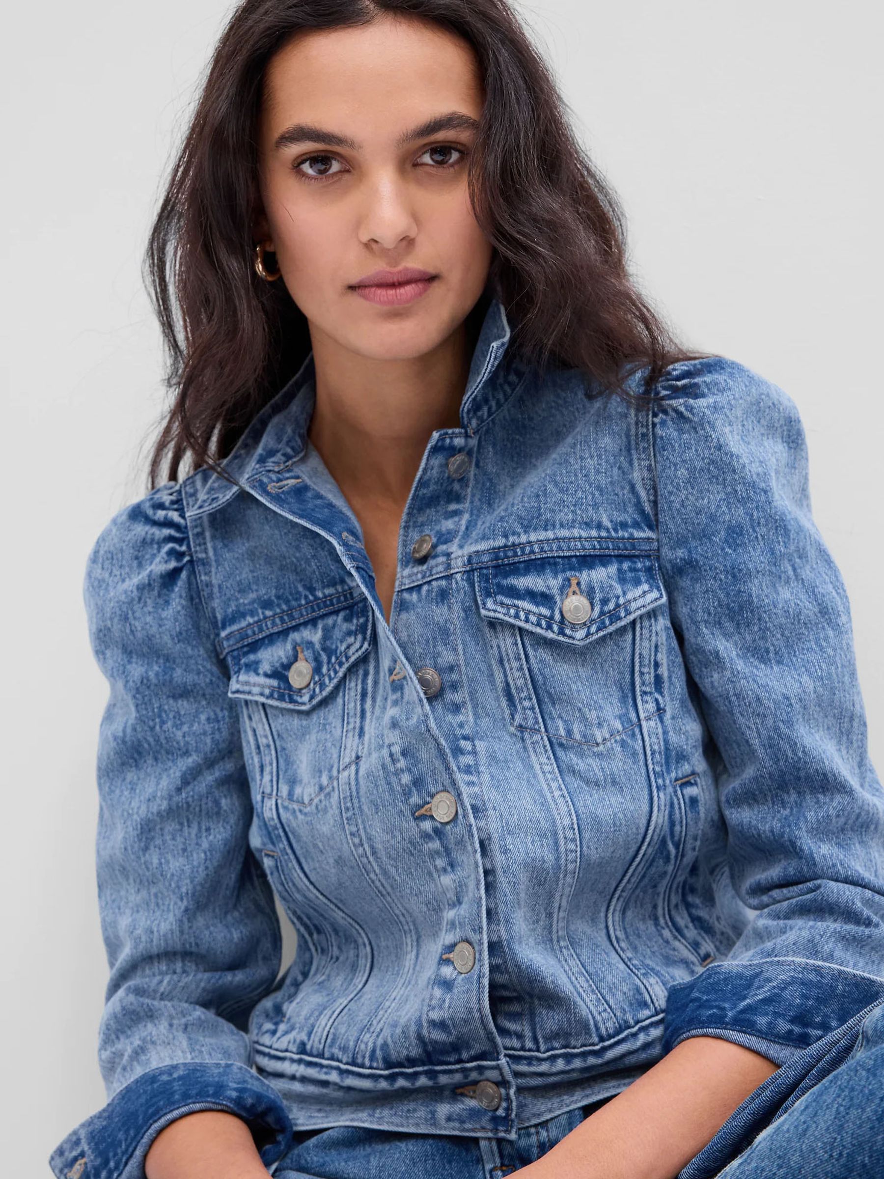 Ladies denim jacket with puff sleeves clearance