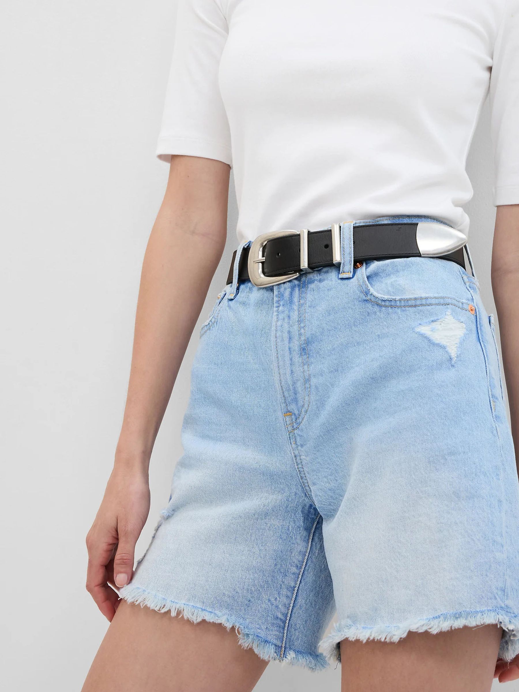 High Rise Distressed Denim Bermuda Shorts
