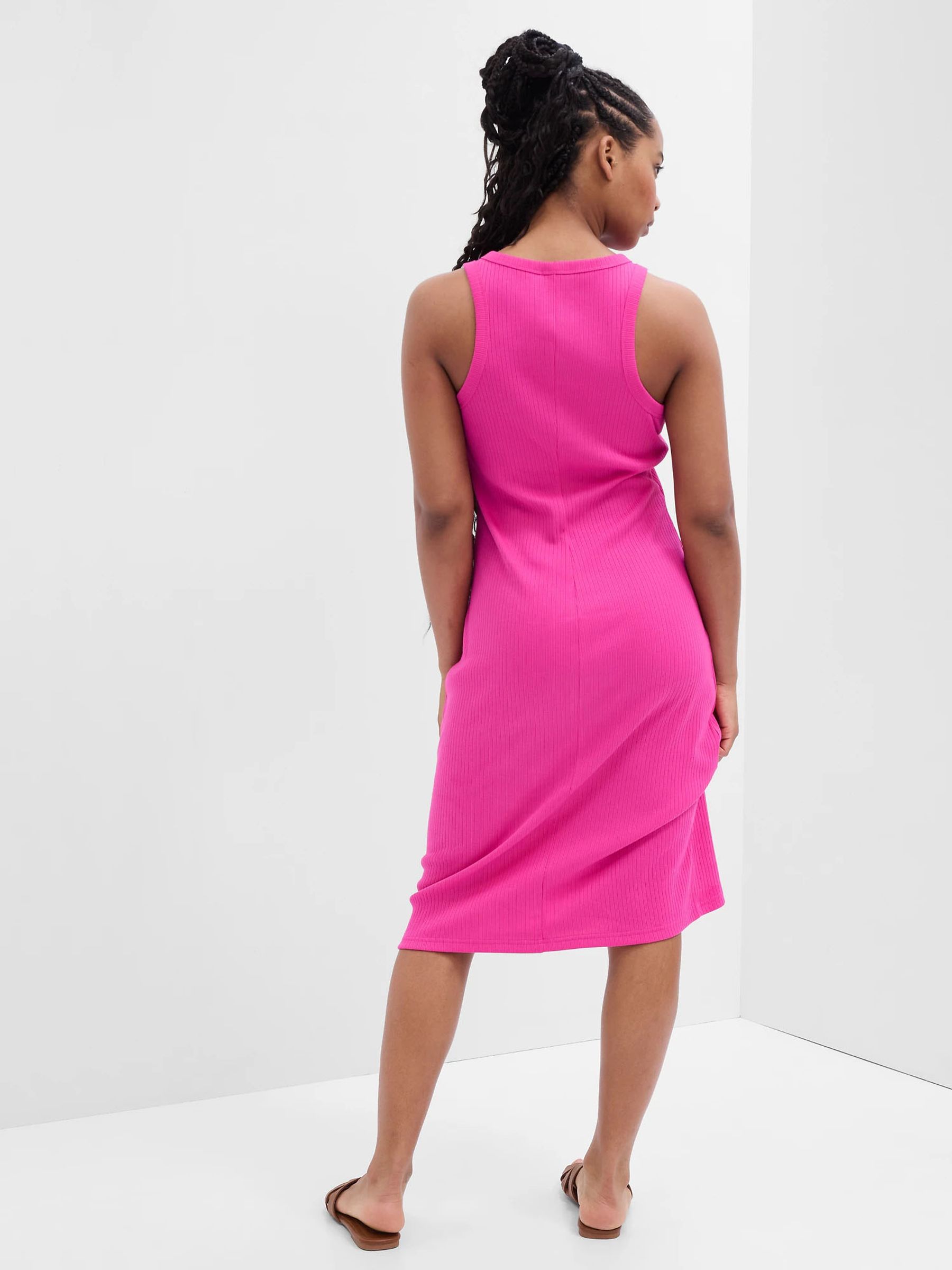 Pink Ribbed High Neck Tank Midi Dress
