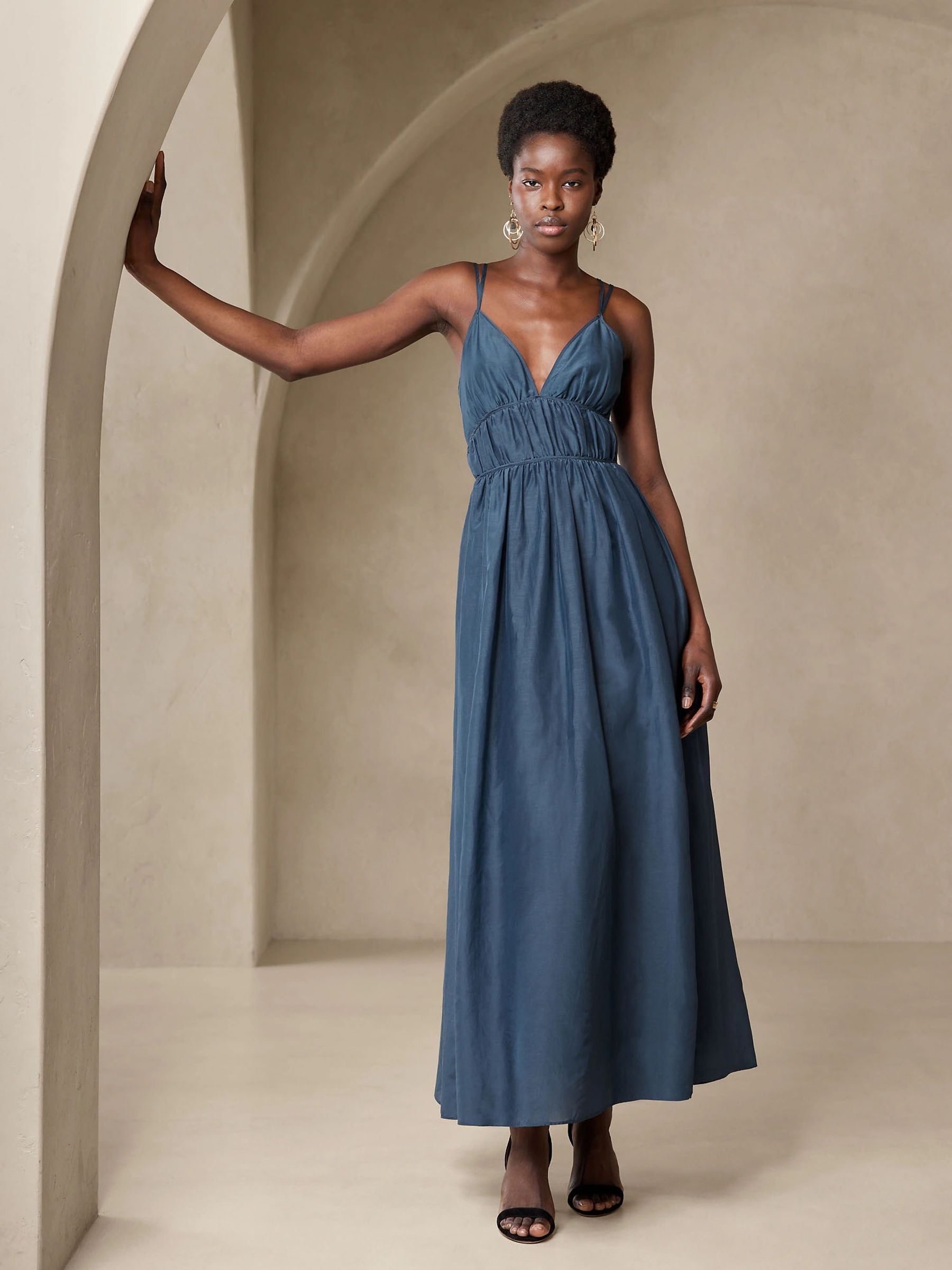 Banana Republic Navy Blue Rosalia Cotton Silk Maxi Dress Gap