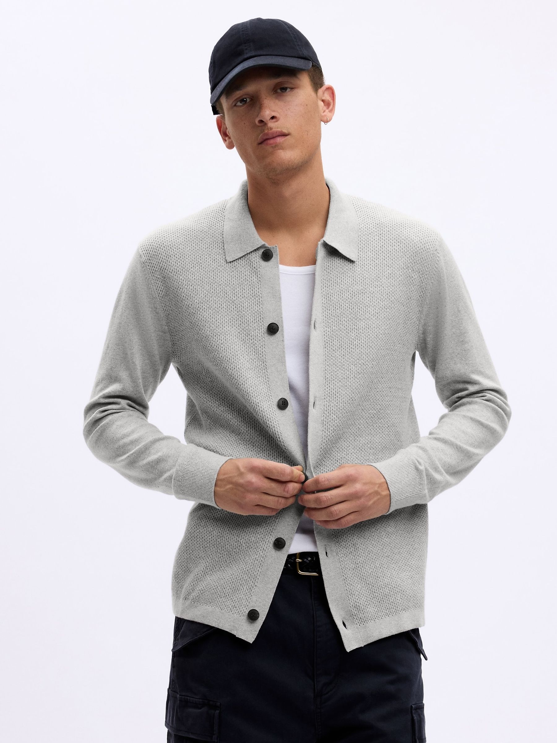 Grey Textured Button Up Cardigan
