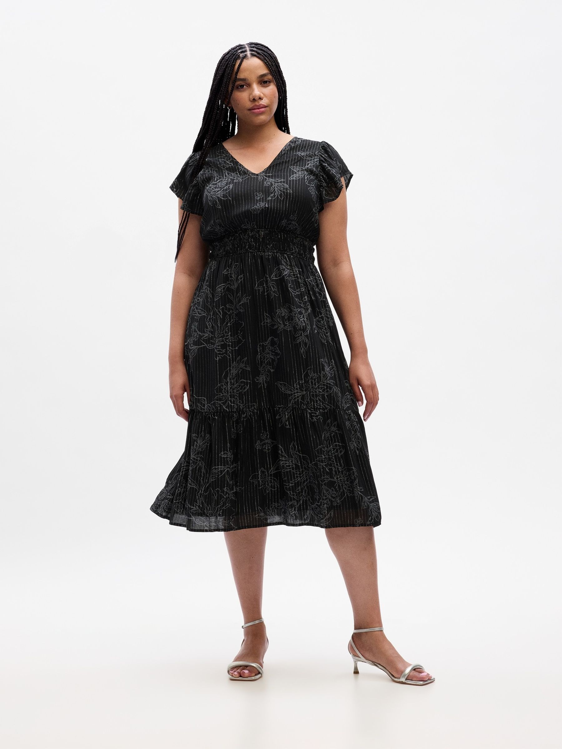 Black Smocked Print Flutter Sleeve Midi Dress