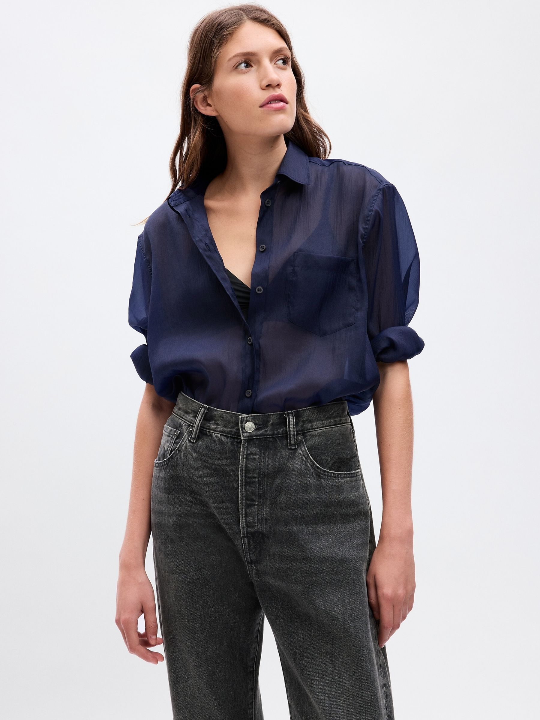 Blue Sheer Long Sleeve Pocket Big Shirt