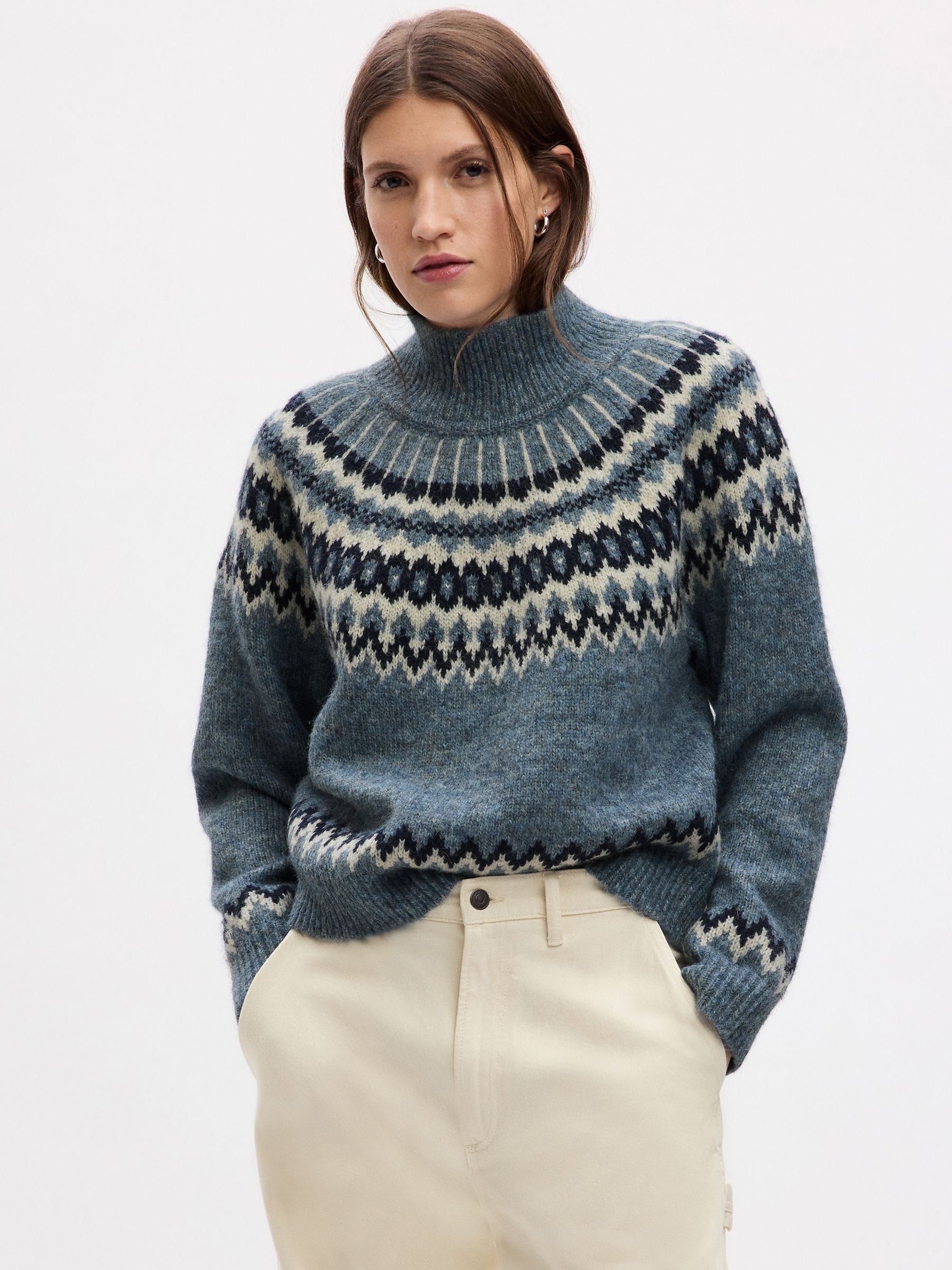 Buy Blue Fair Isle Knit Mock Neck Jumper from the Gap online shop