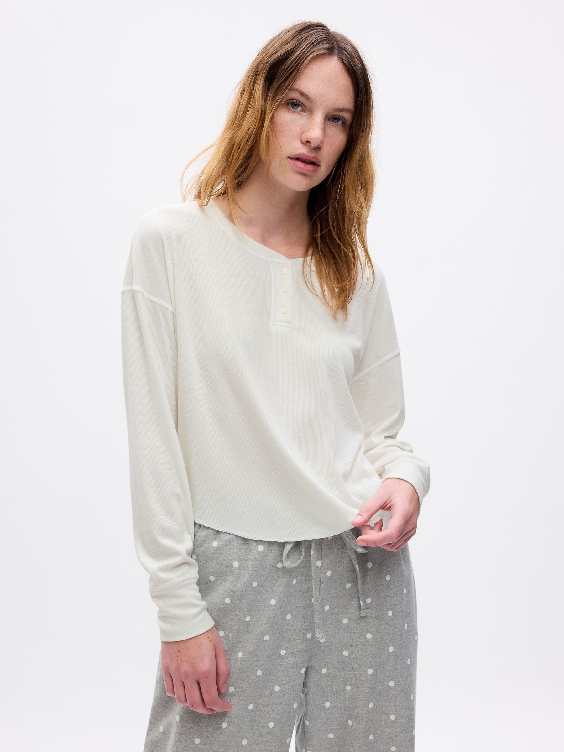 White Ribbed Henley Long Sleeve Pyjama Top