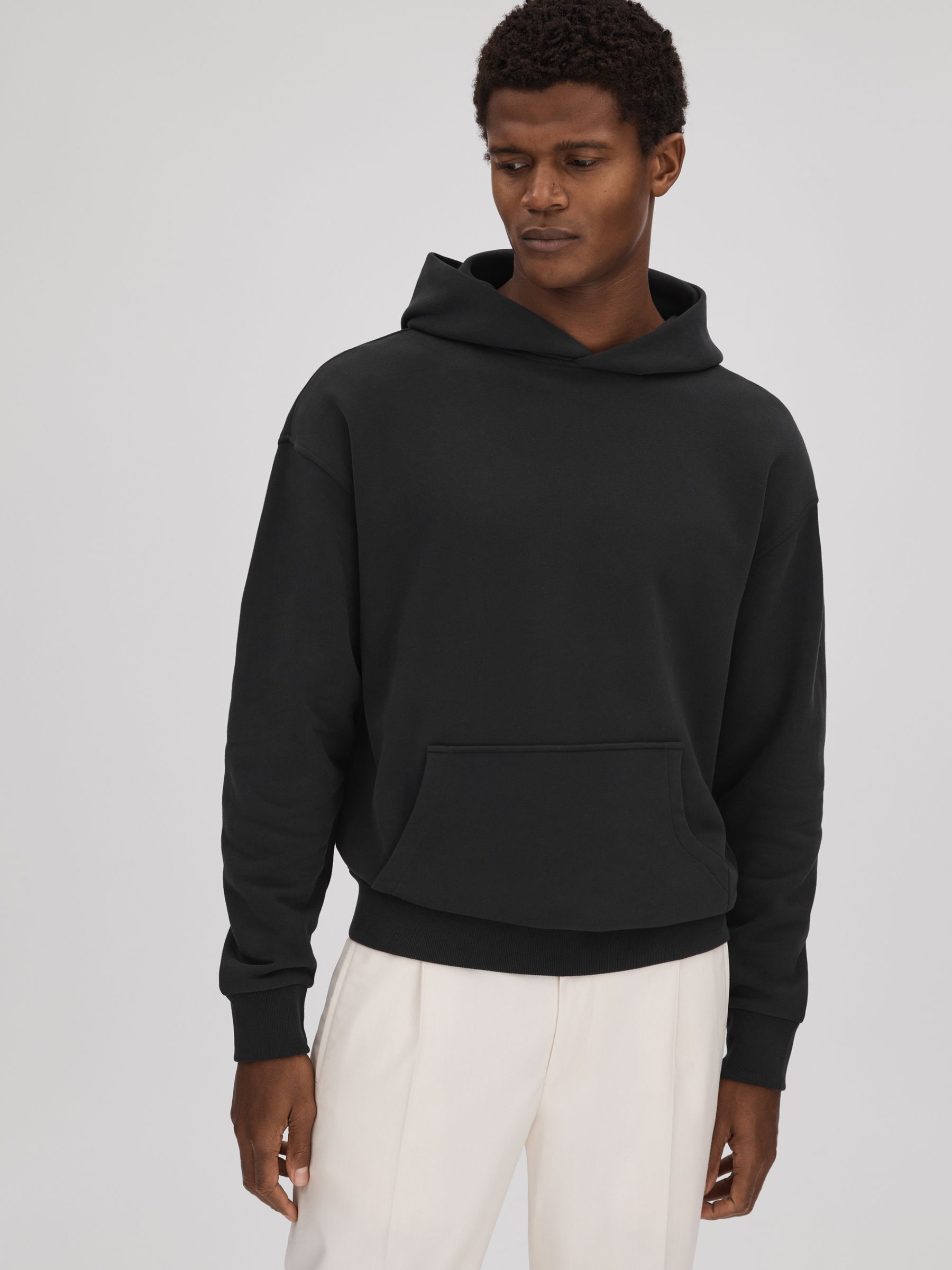 Reiss Casual Fit Cotton Hoodie in Washed Black REISS