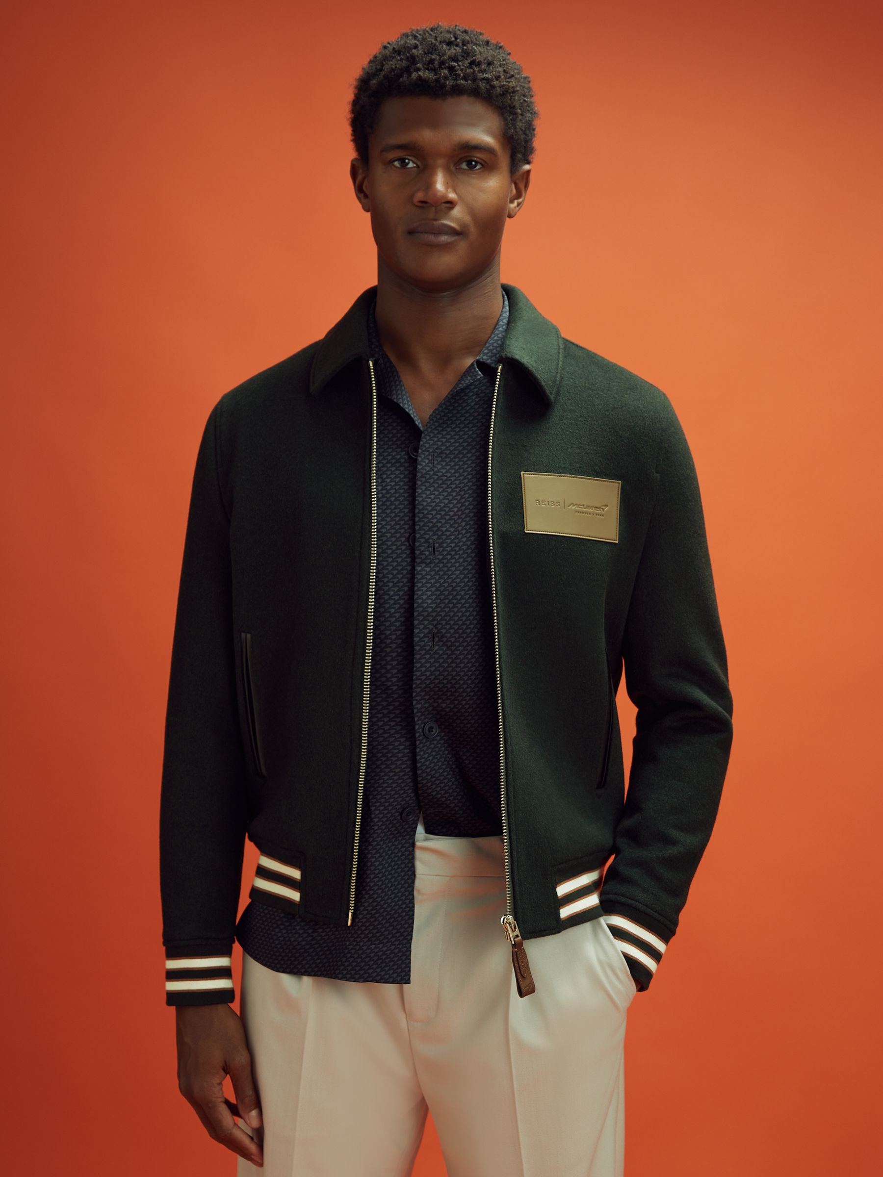 McLaren F1 Wool Blend Leather Patch Varsity Bomber Jacket in Dark Green