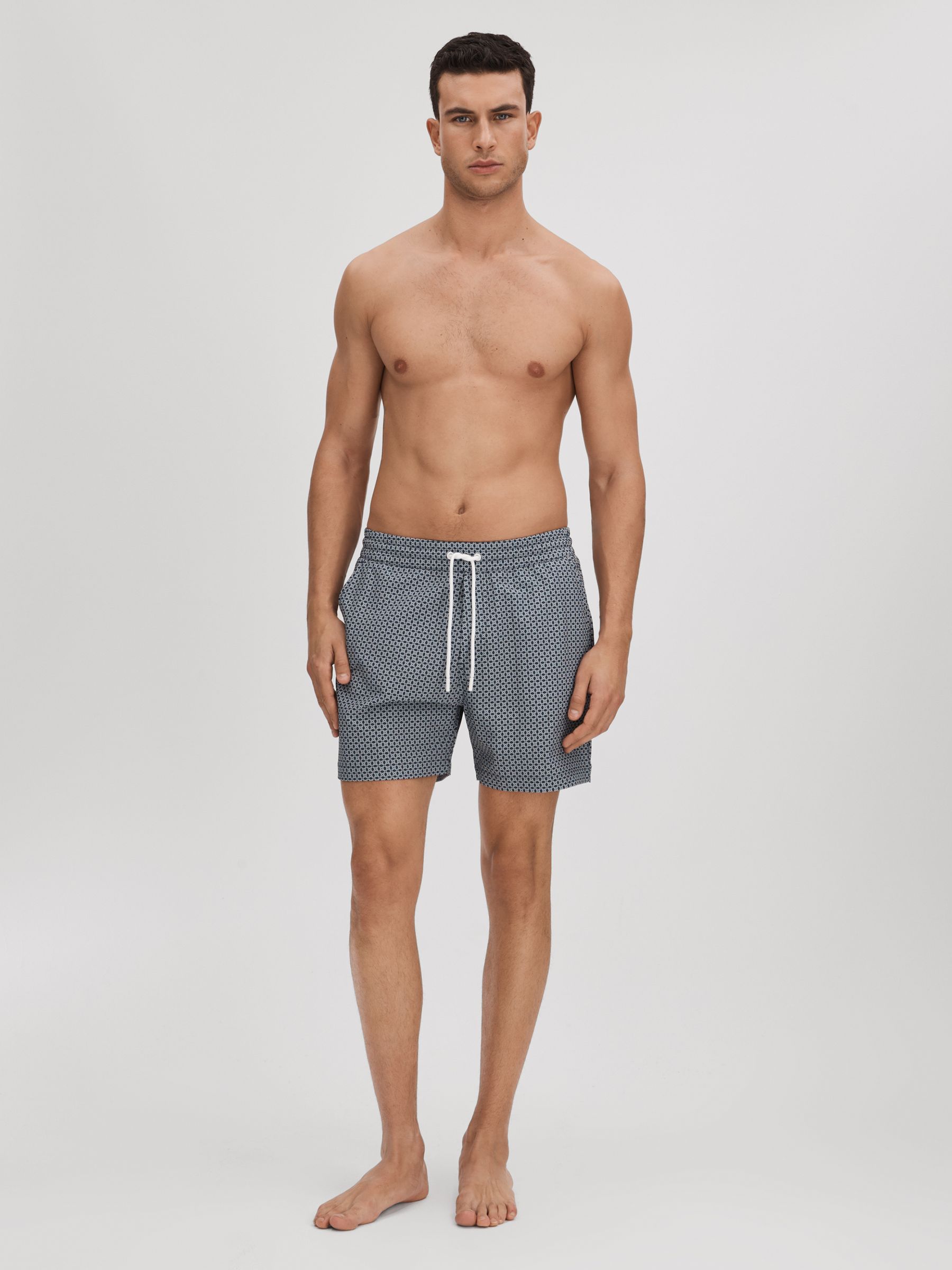 Reiss Printed Drawstring Swim Shorts in Airforce Blue White REISS