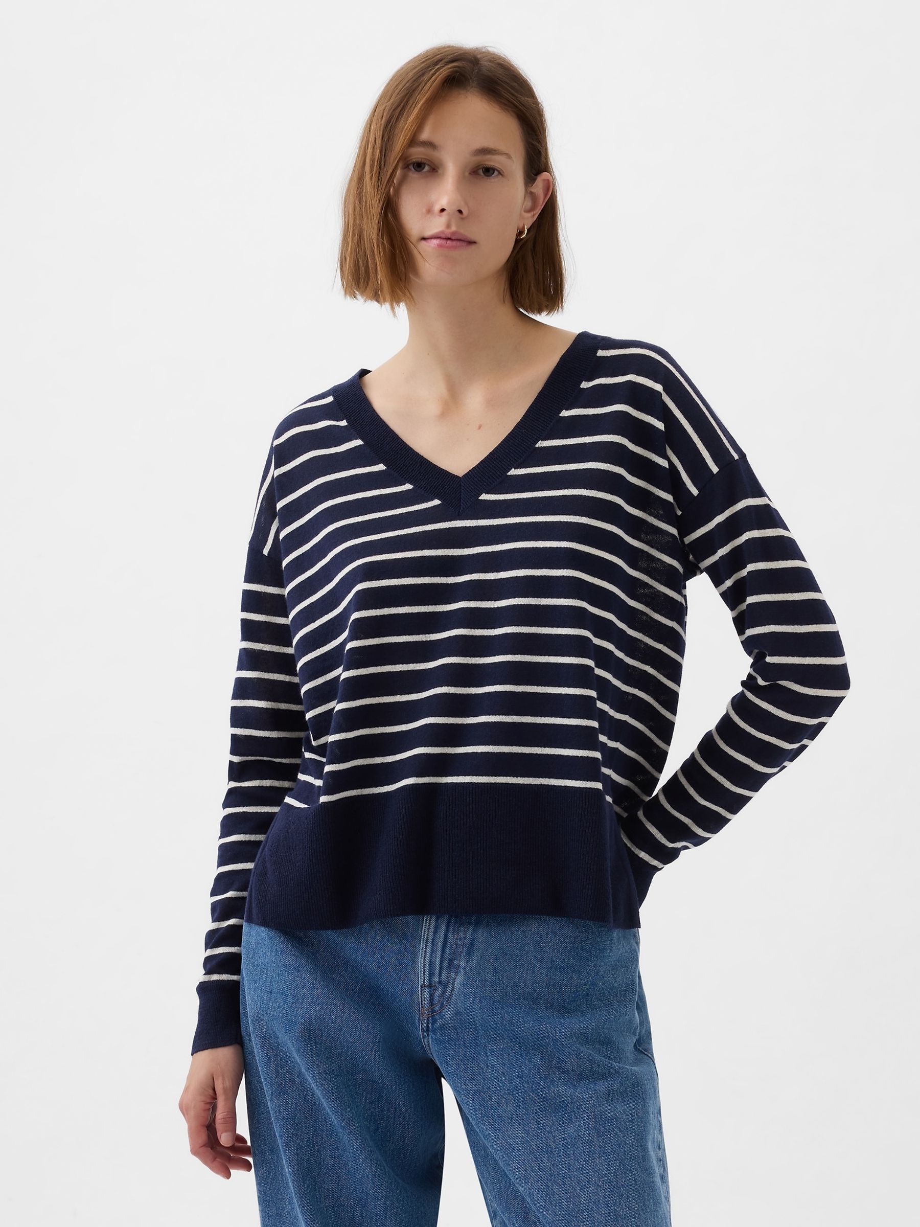 Buy Navy Blue Linen Blend V Neck Split Hem Jumper from the Gap online shop
