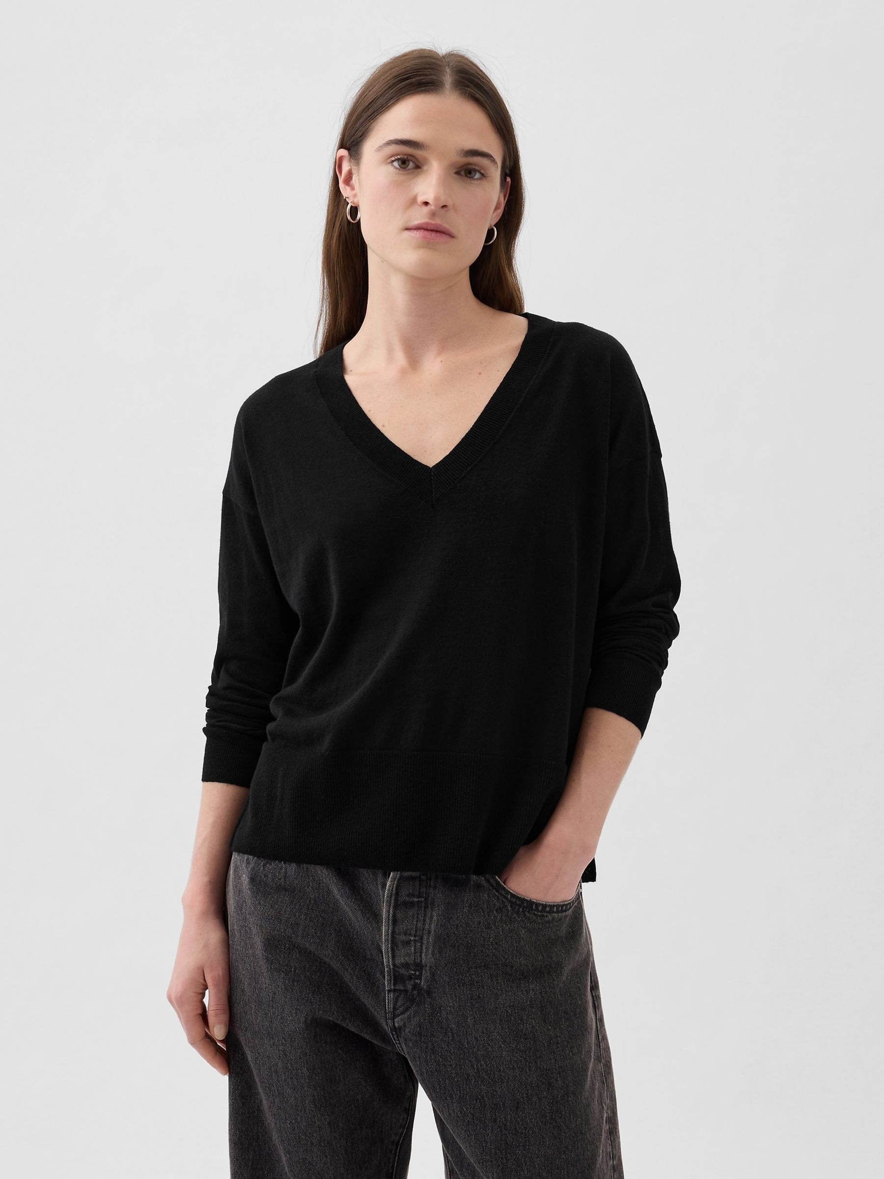Buy Black Linen Blend V Neck Split Hem Jumper from the Gap online shop