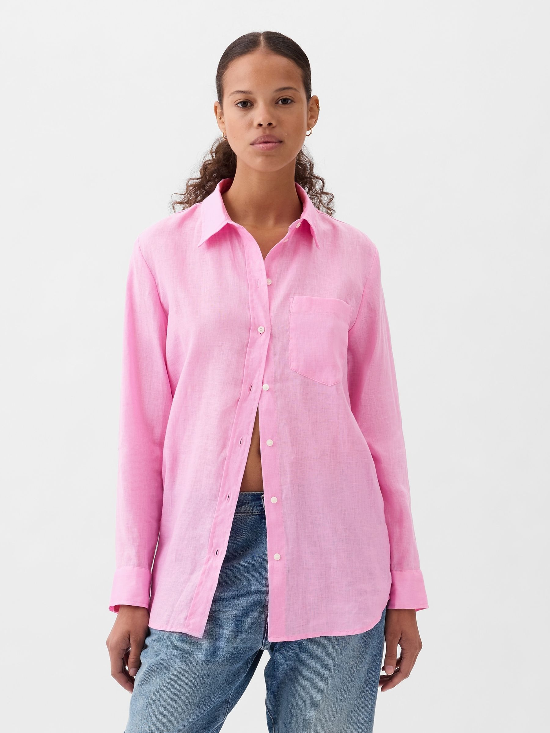 Pink linen shirt womens outlet