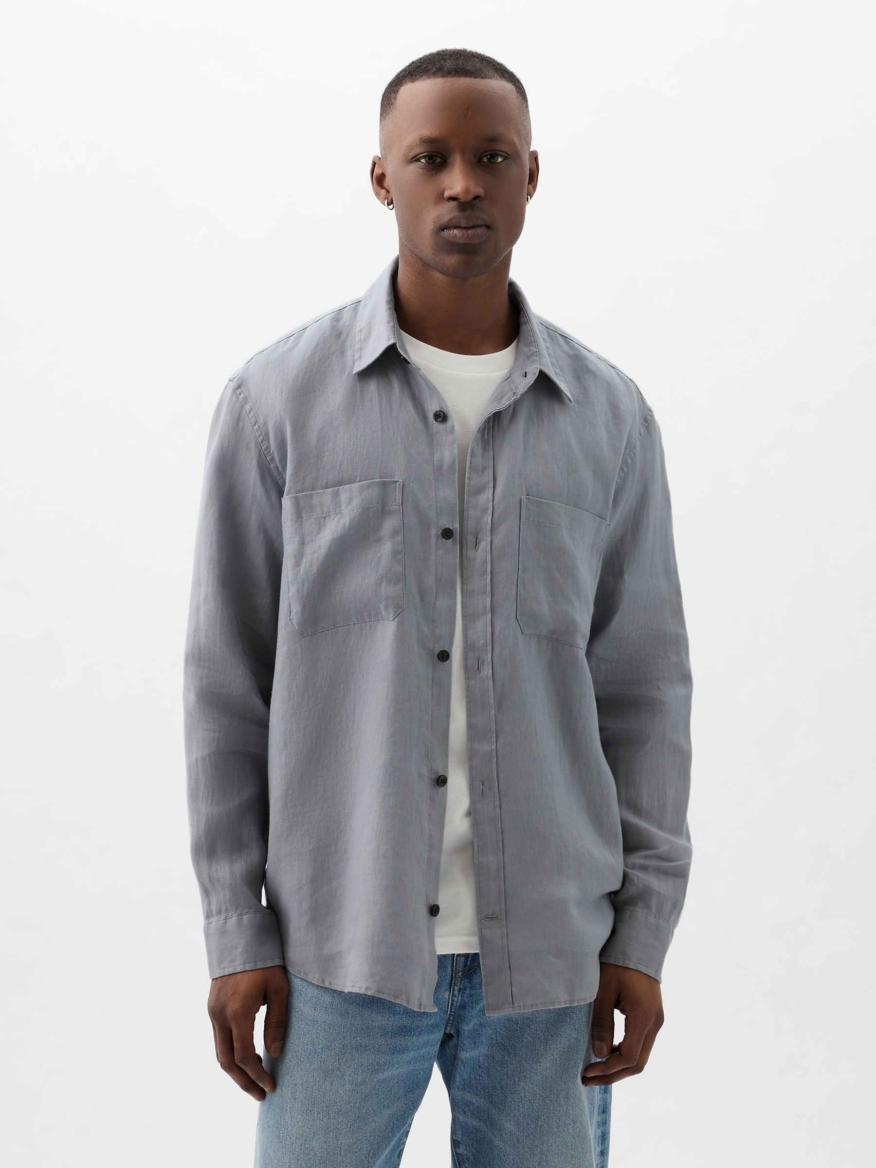 Buy Grey Linen Blend Long Sleeve Shirt from the Gap online shop