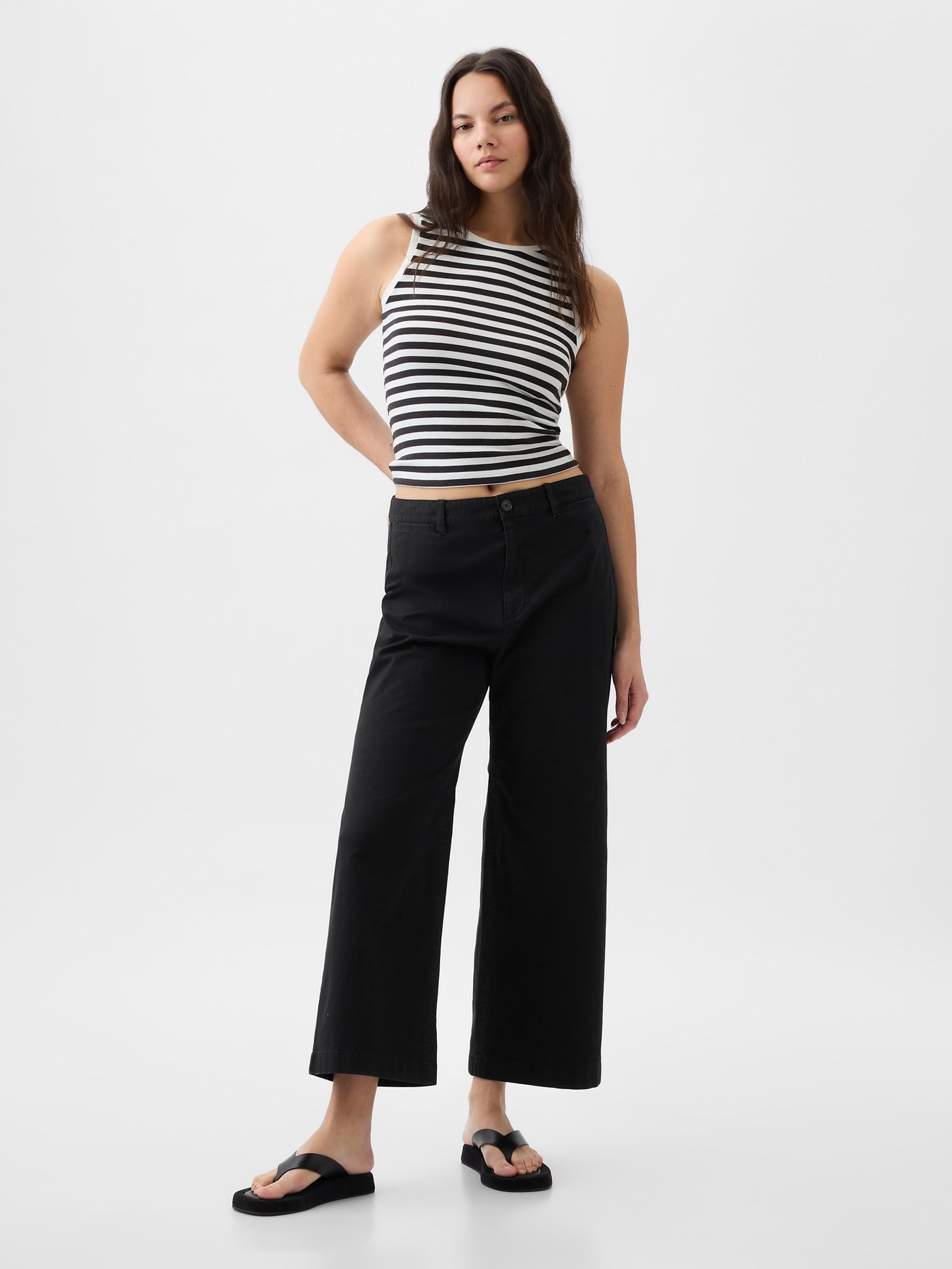 Black Mid Rise Wide Leg Ankle Trousers