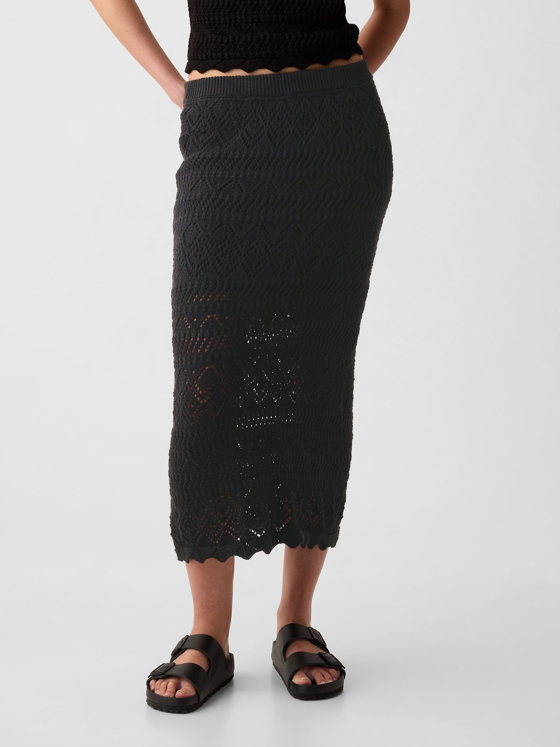 Black Crochet Pull On Midi Skirt