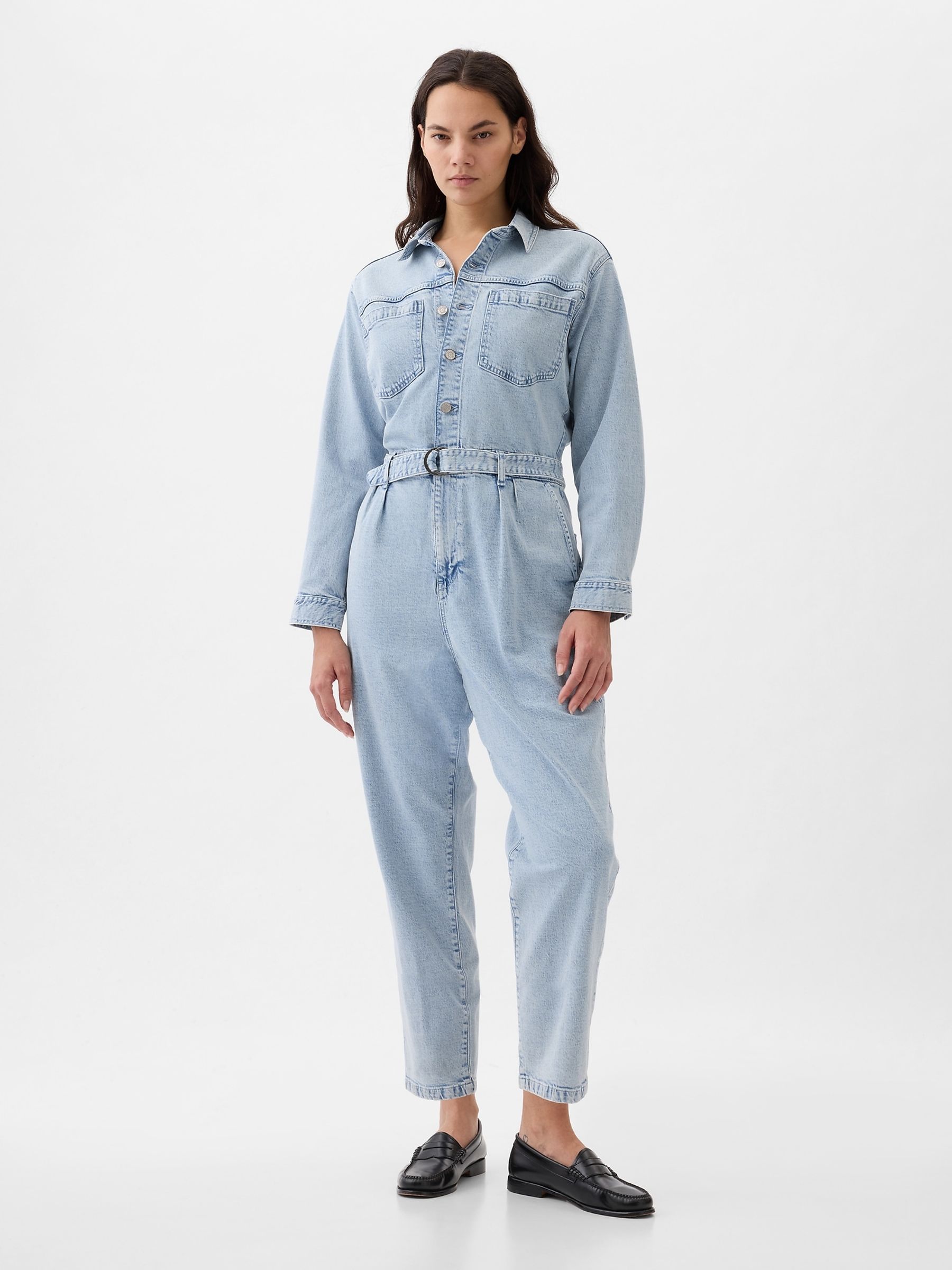 Belted denim jumpsuit store