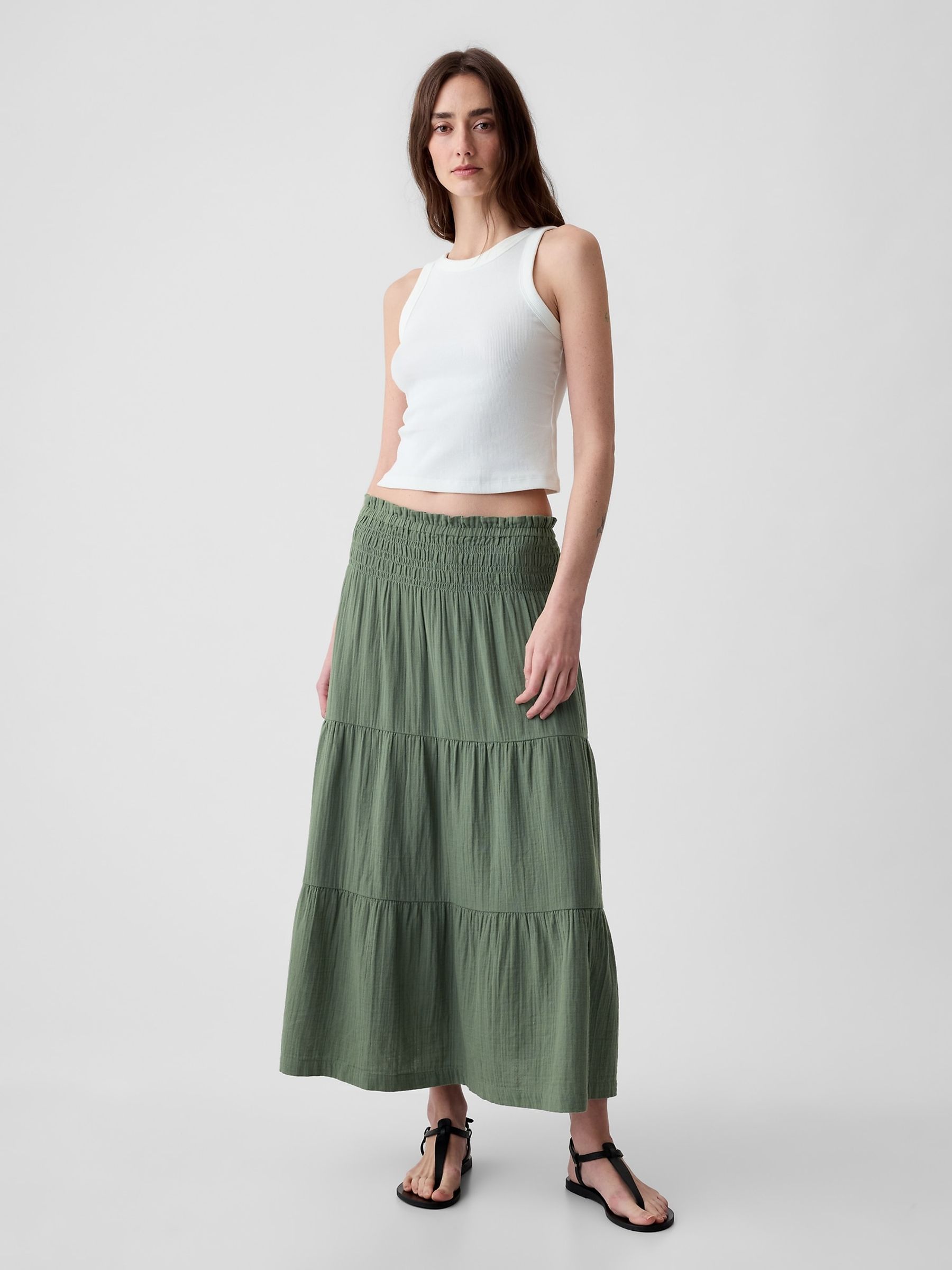 Green Crinkle Cotton Pull On Maxi Skirt