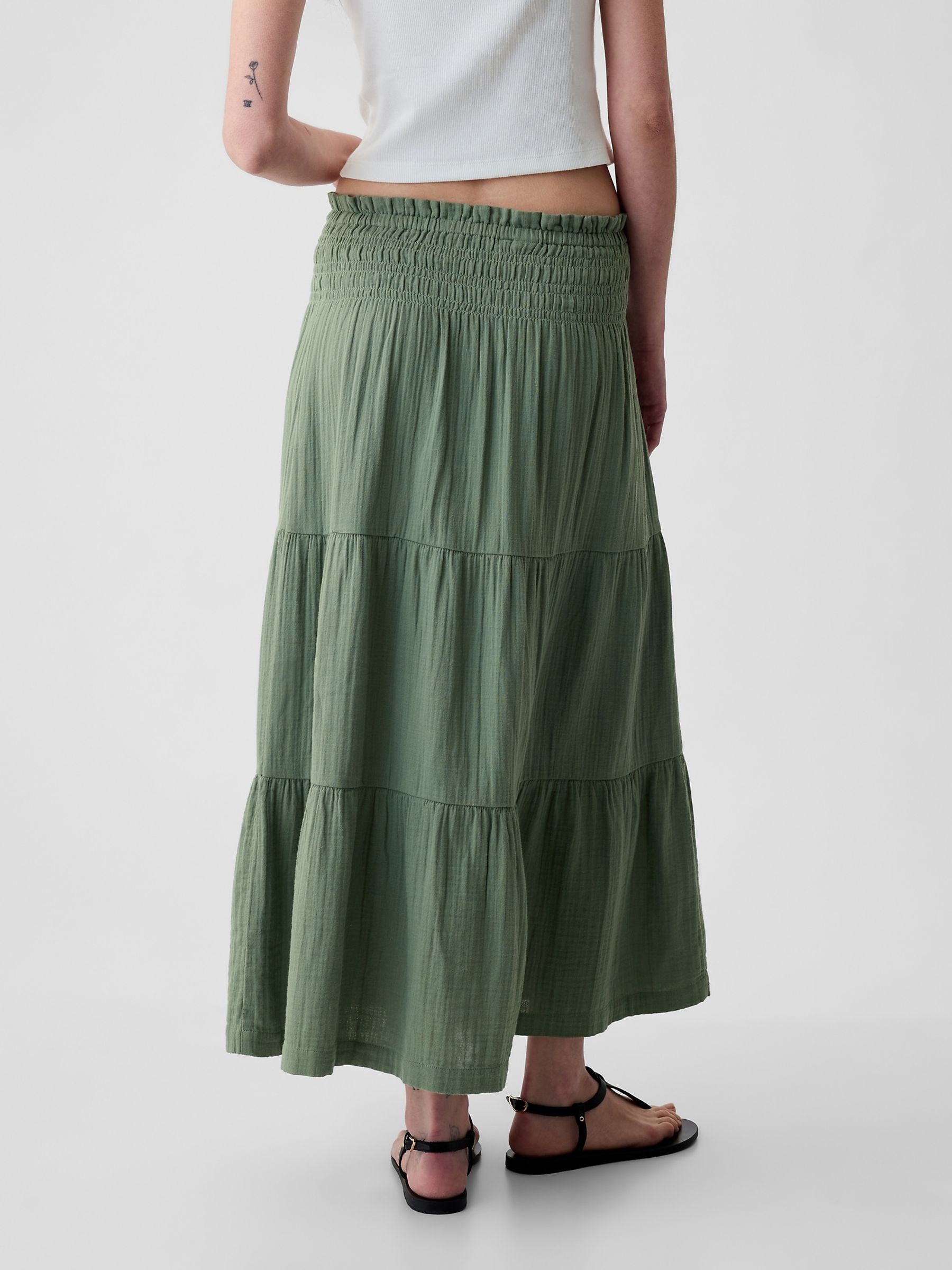 Green Crinkle Cotton Pull On Maxi Skirt