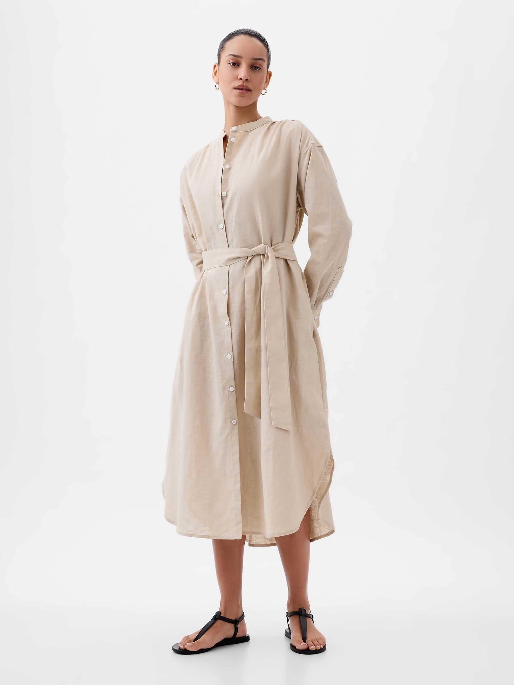 Neutral Linen Blend Long Sleeve Shirt Dress