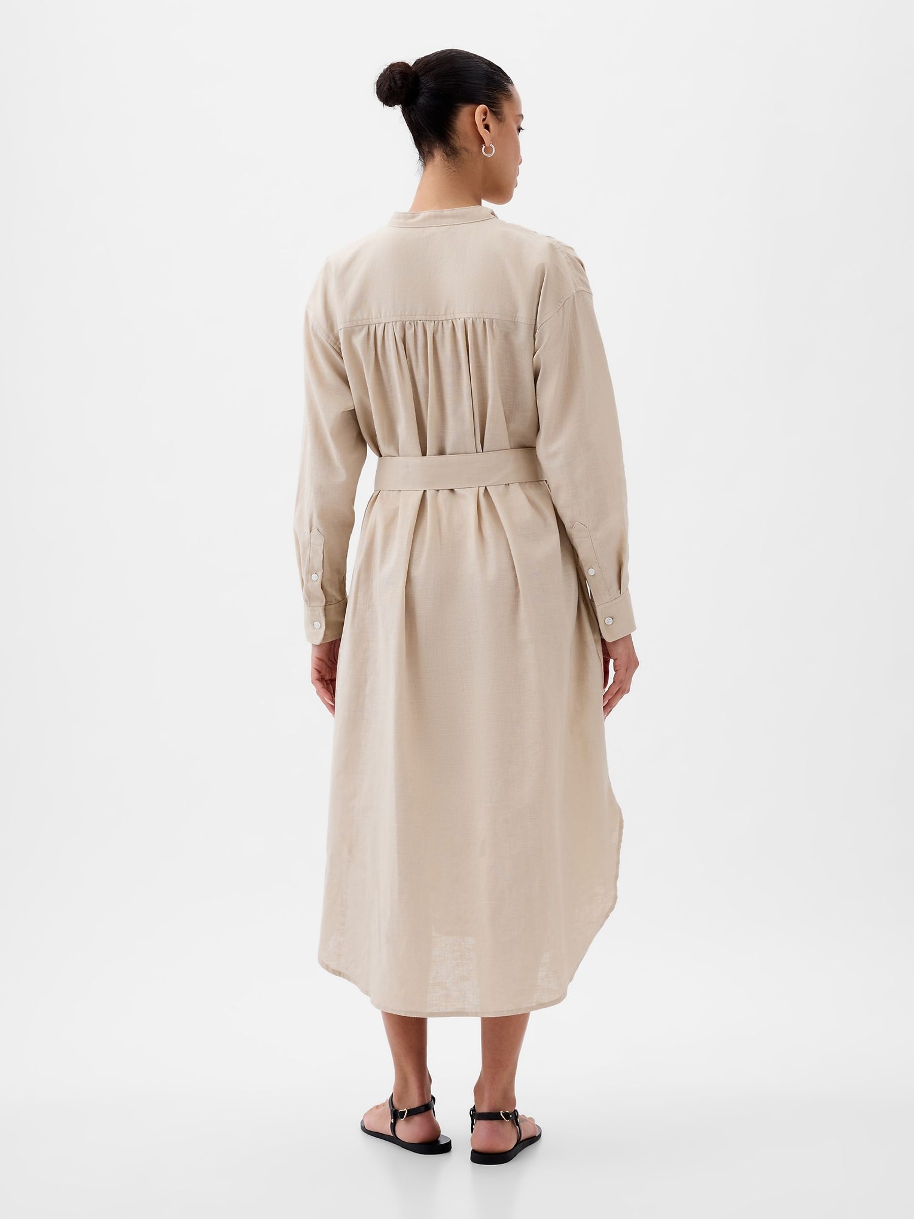 Neutral Linen Blend Long Sleeve Shirt Dress
