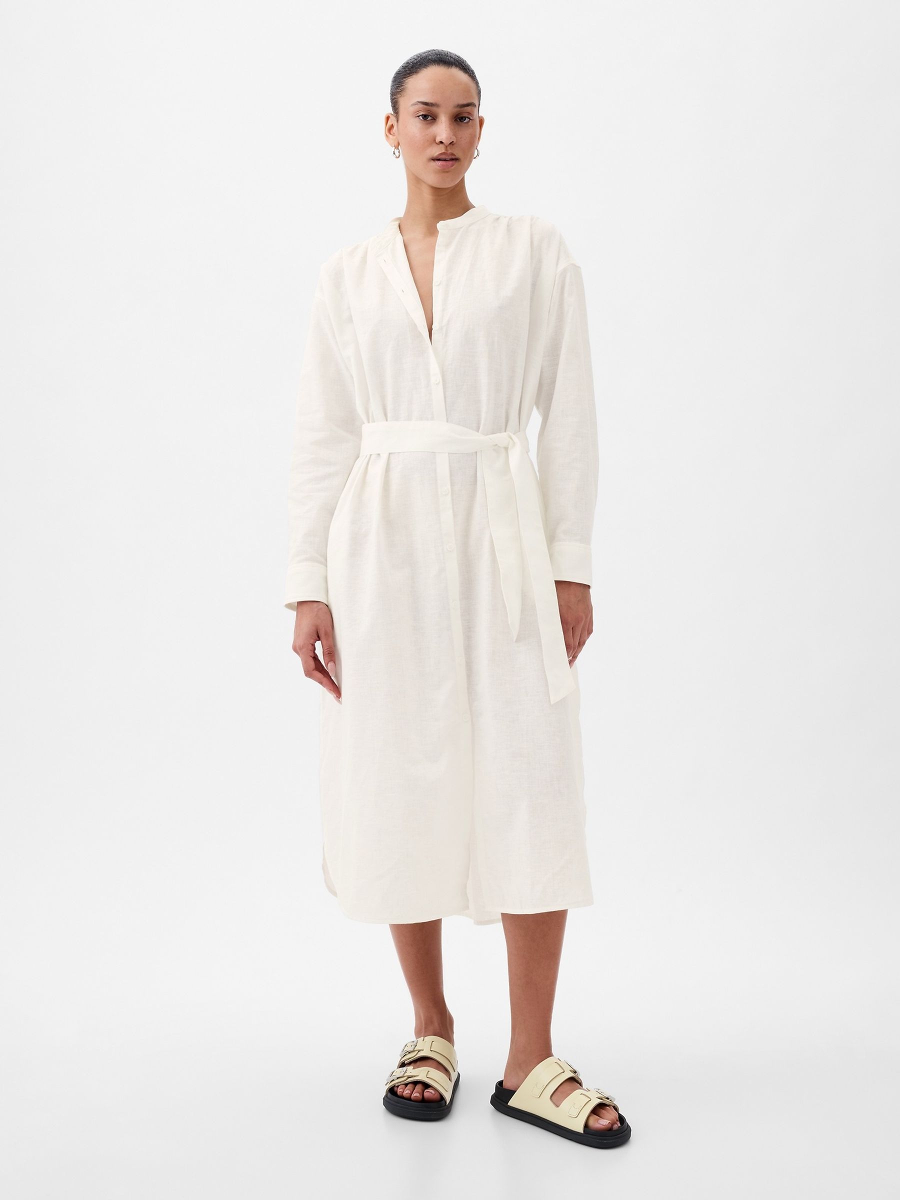 White Linen Blend Long Sleeve Shirt Dress