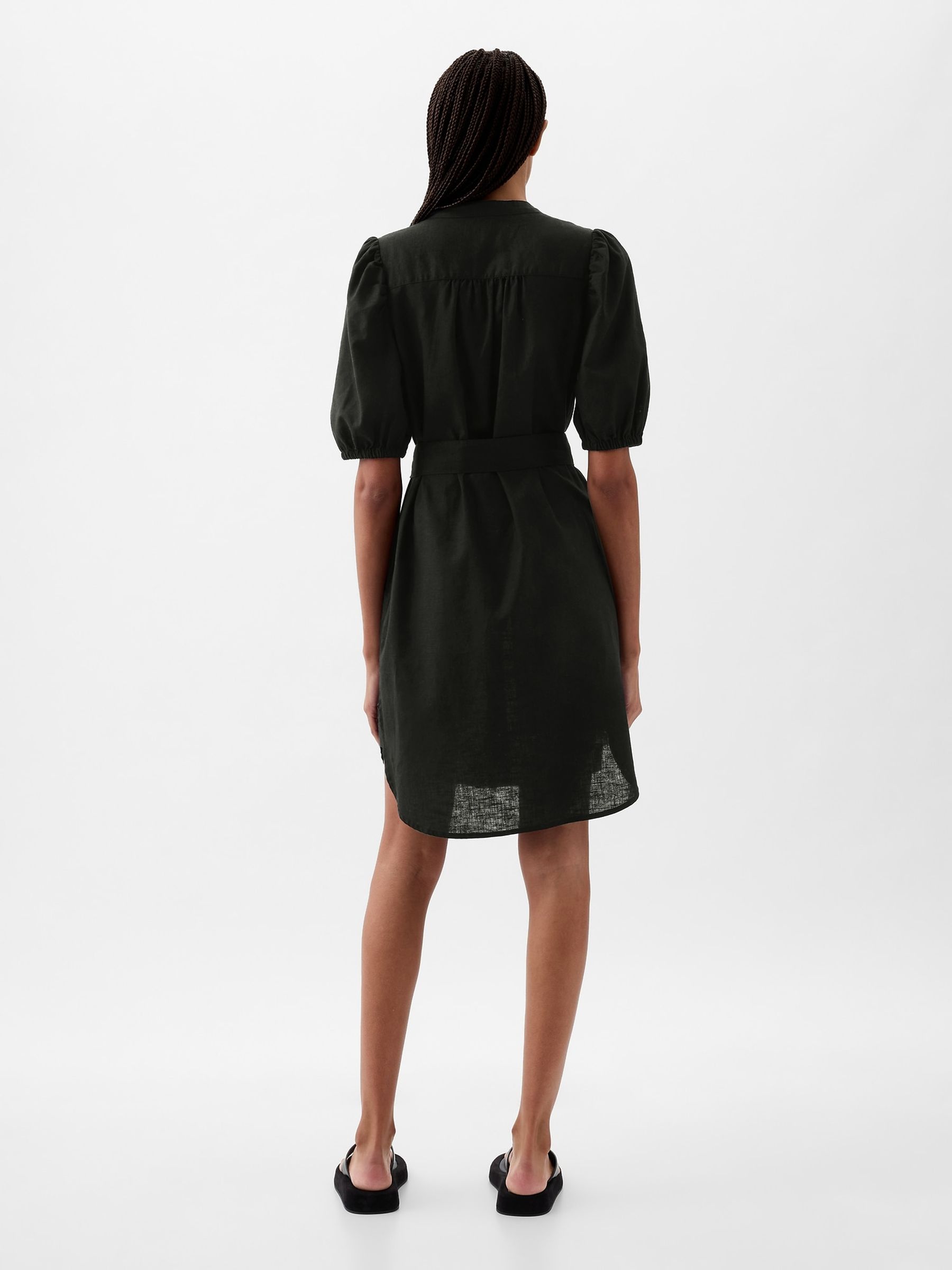 Black Linen Blend Short Puff Sleeve Mini Shirt Dress