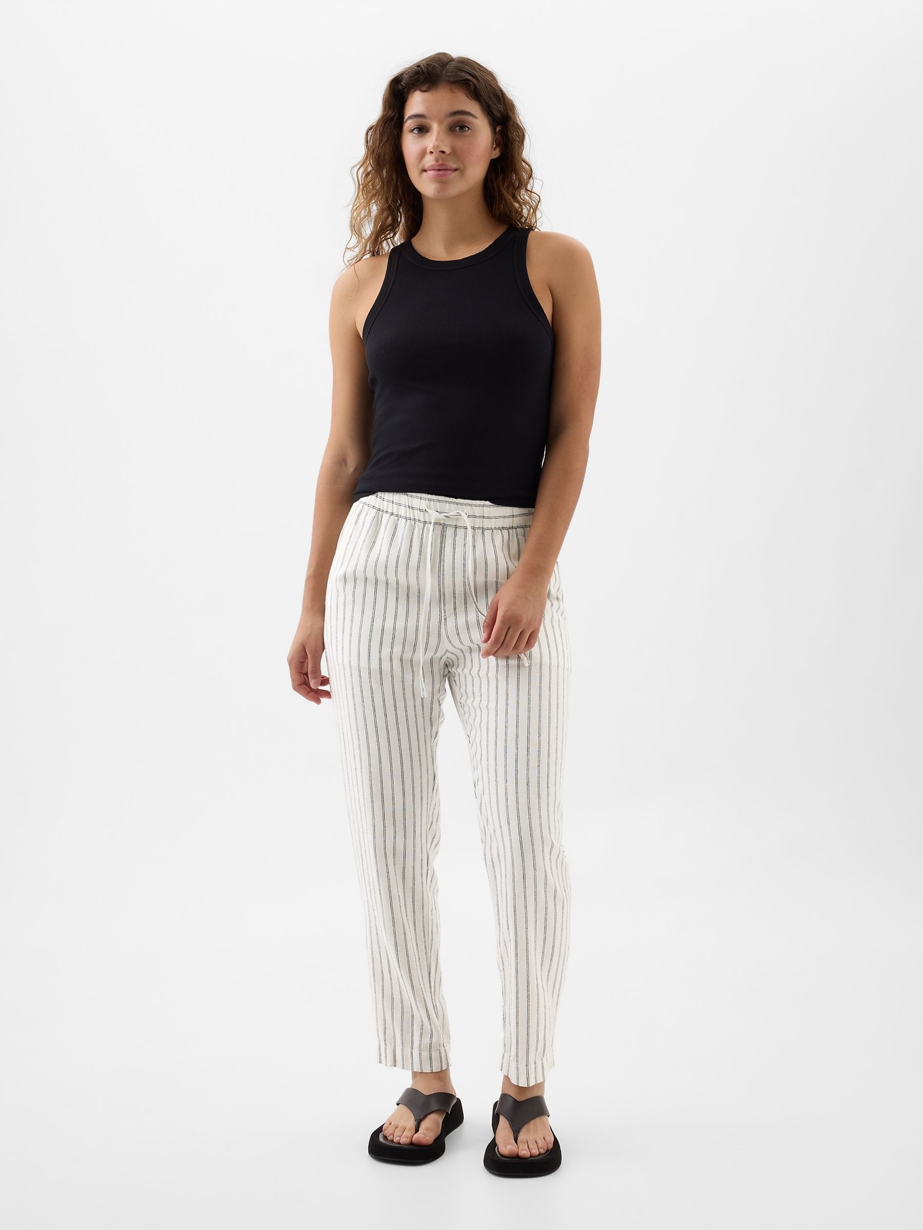 Buy Black White Linen Cotton Pull On Taper Trousers from the Gap online shop