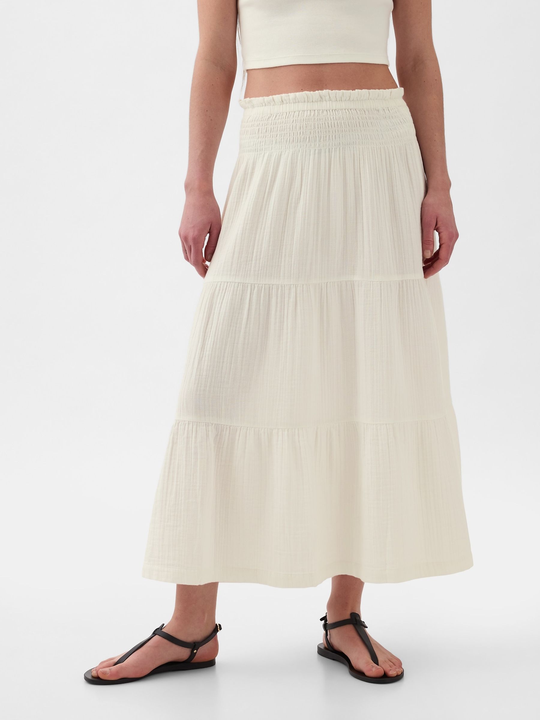 White Crinkle Cotton Pull On Maxi Skirt