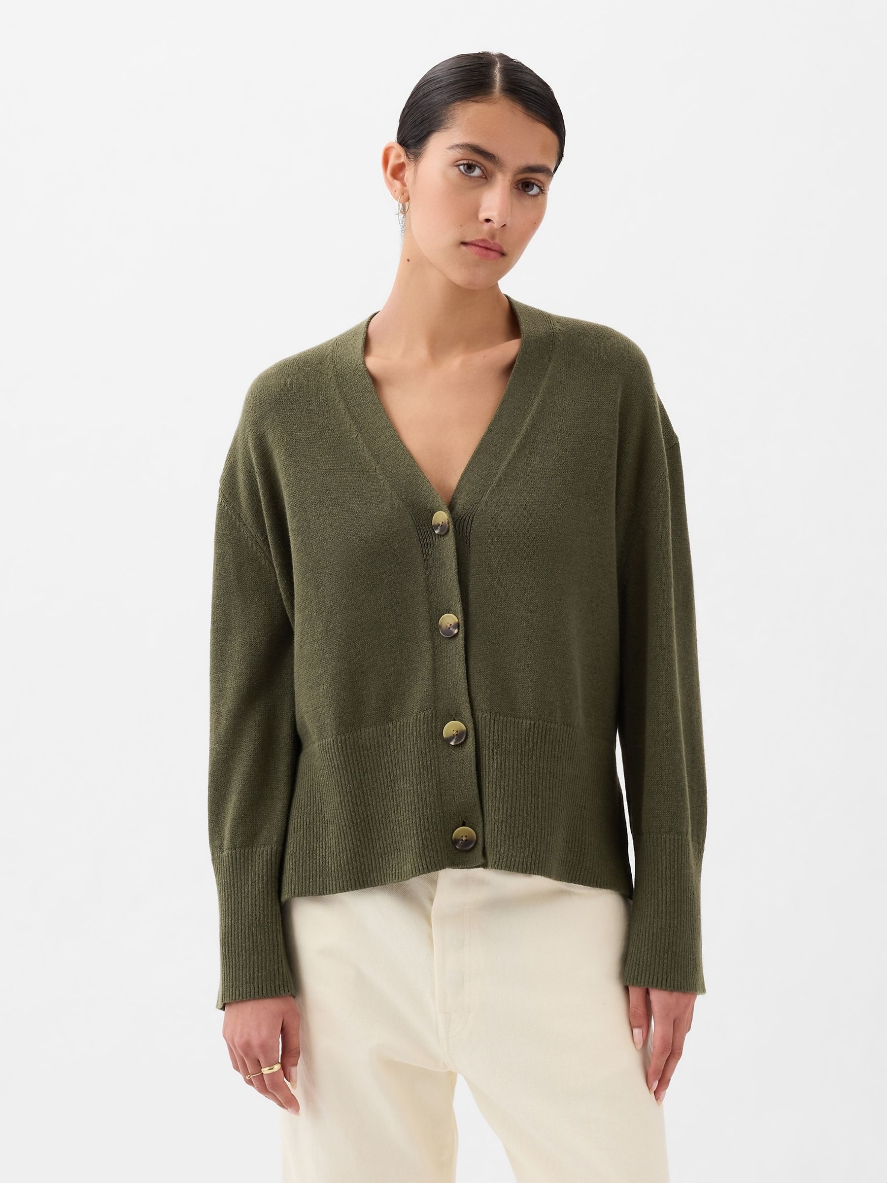 Khaki Green 24 7 Split Hem Linen Blend Oversized Cardigan