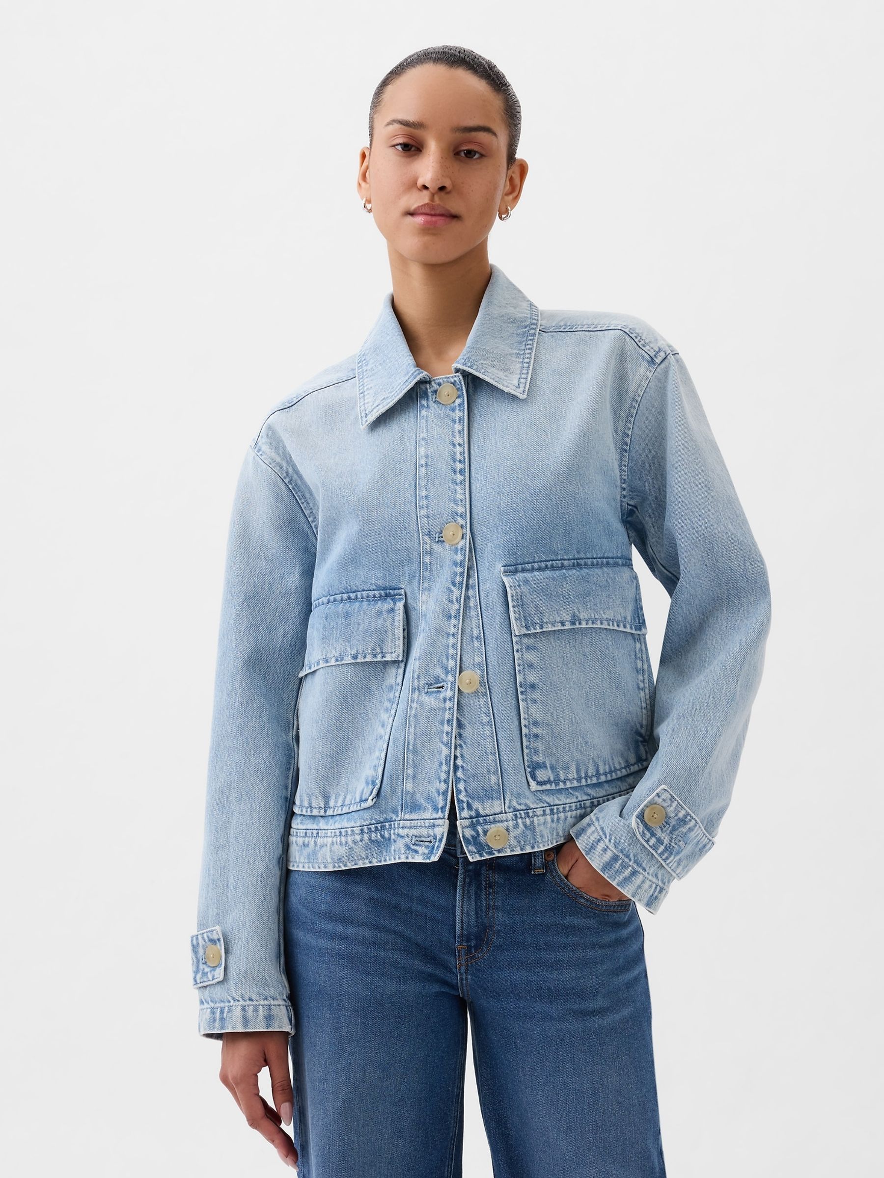 Shirt with denim jacket sales