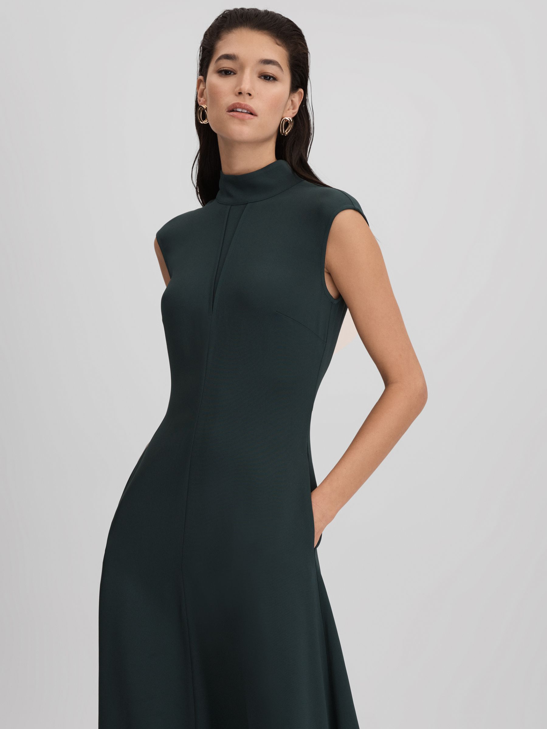 Reiss Petite Fitted Asymmetric Midi Dress in Dark Green REISS