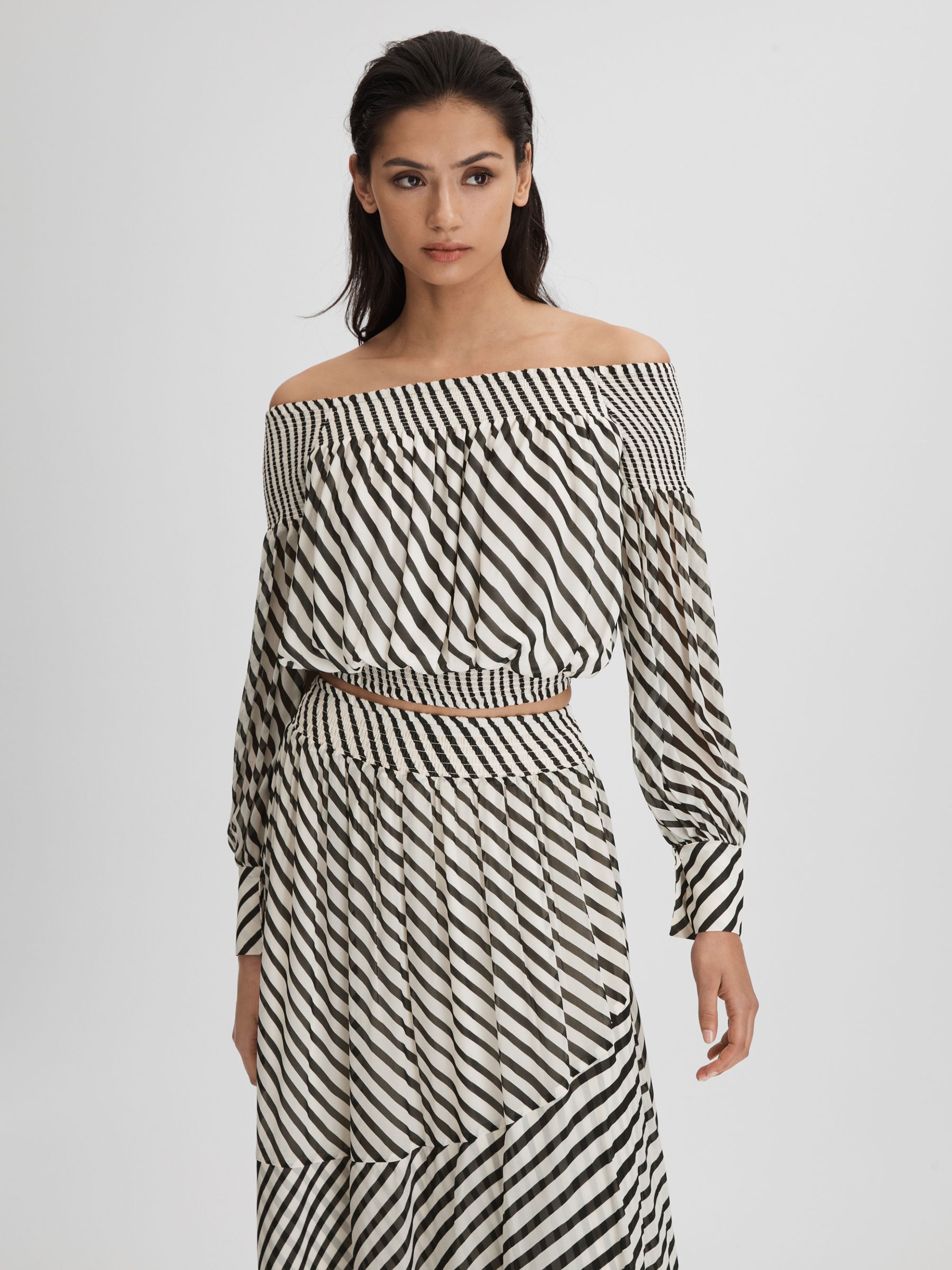 Striped Bardot Cropped Top in Black Cream