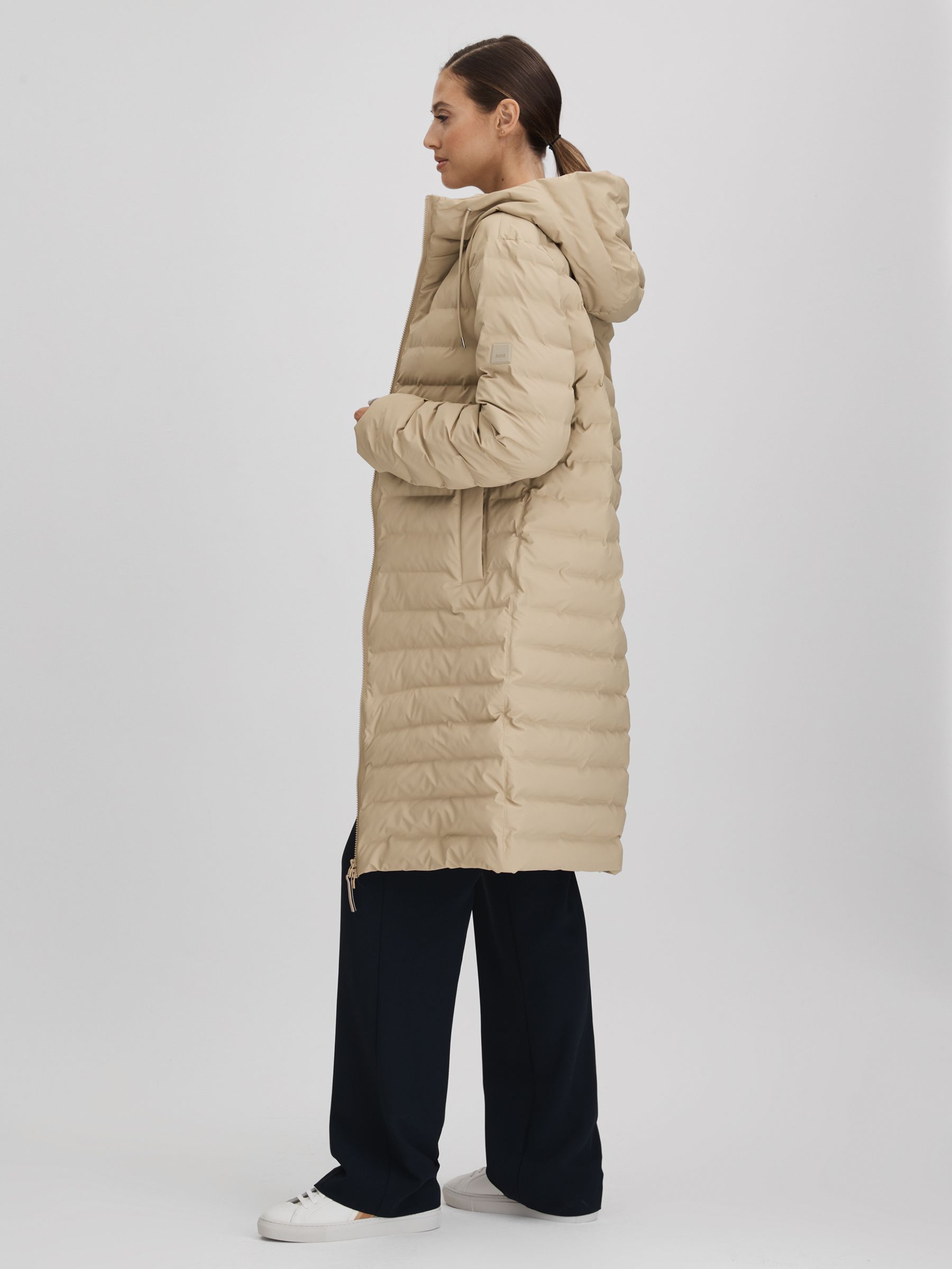 Reiss Rains Long Waterproof Puffer Jacket in Sand REISS