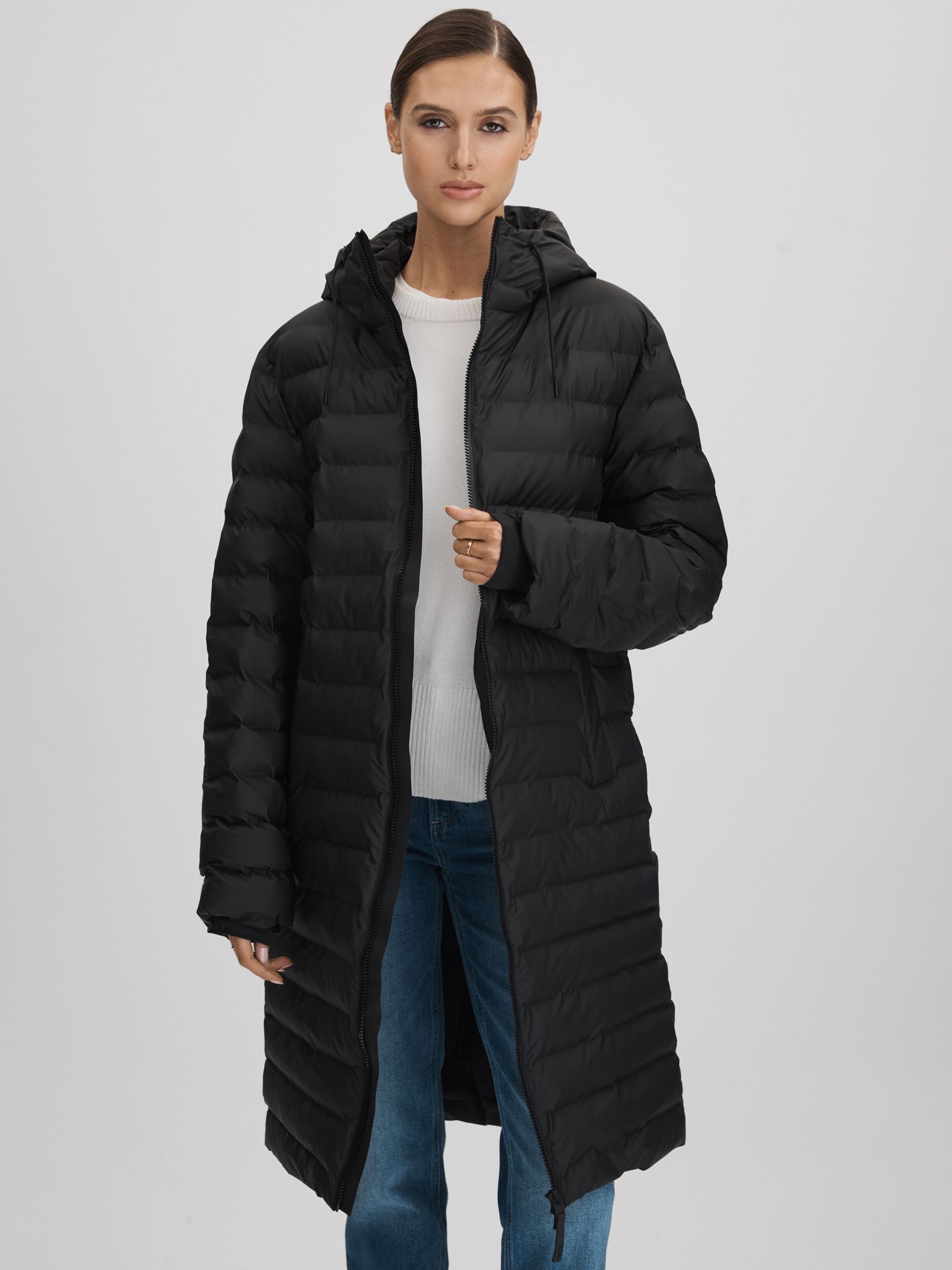 Reiss Rains Long Waterproof Puffer Jacket in Black REISS
