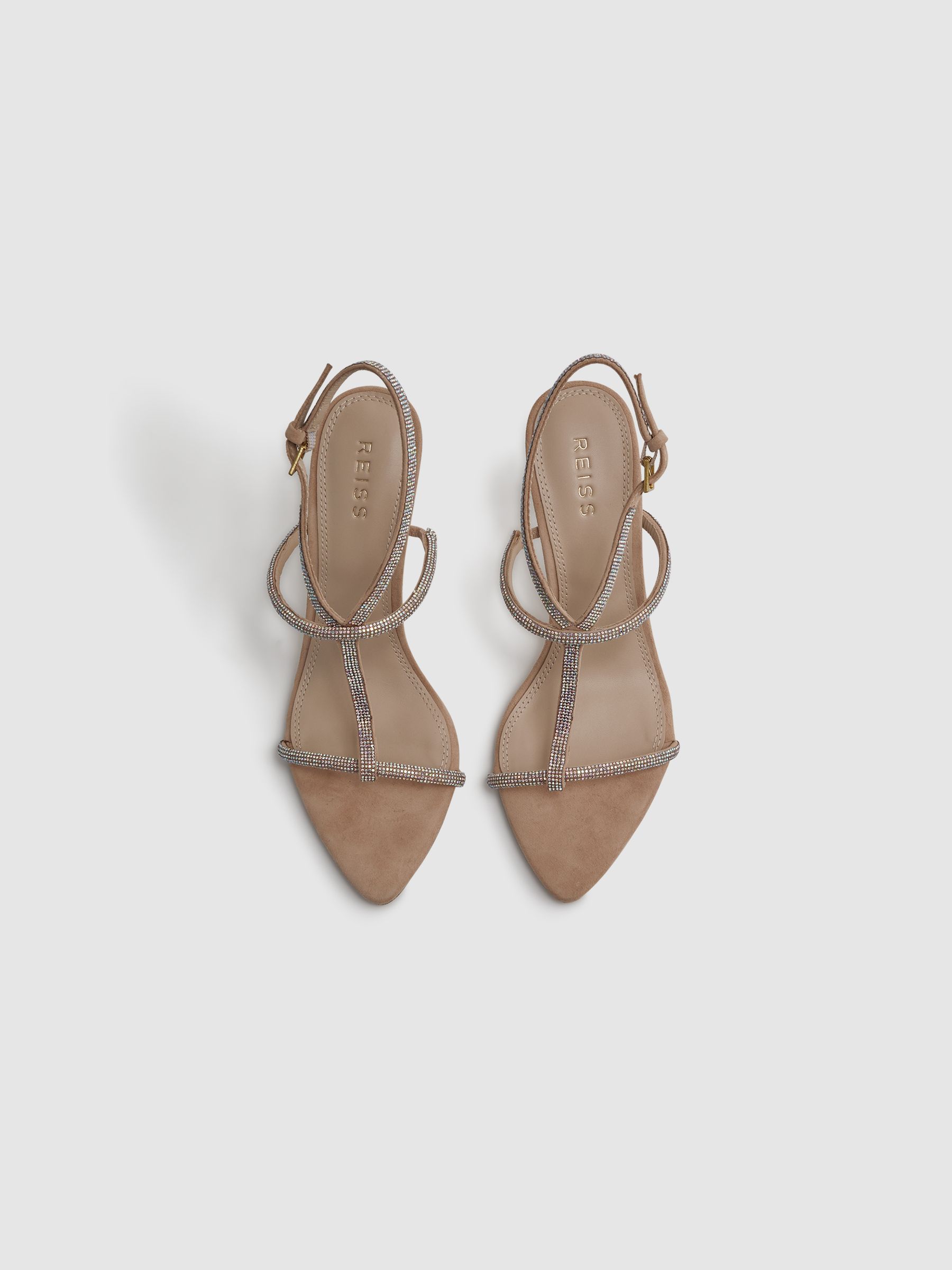 Embellished Suede Heeled Sandals in Nude