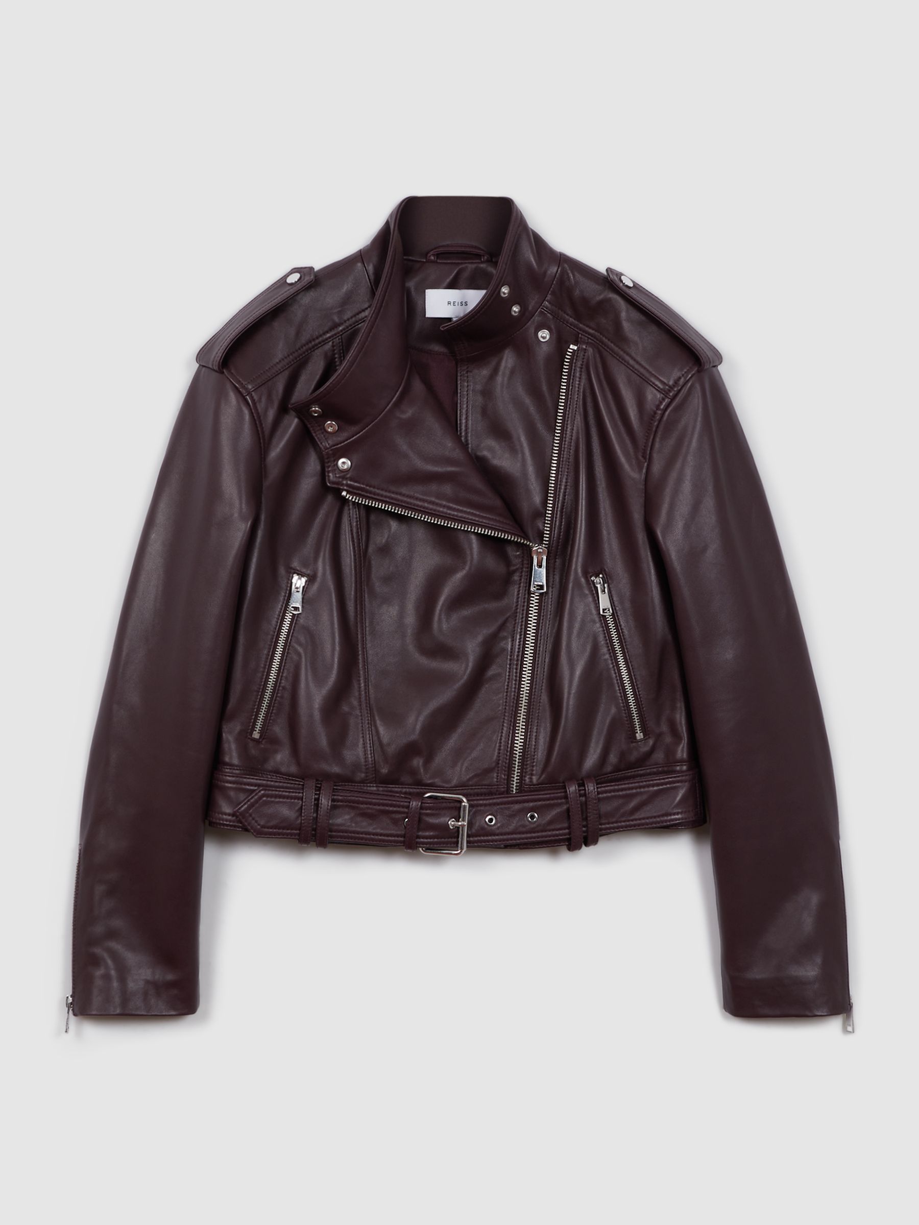 Cropped Leather Biker Jacket in Berry