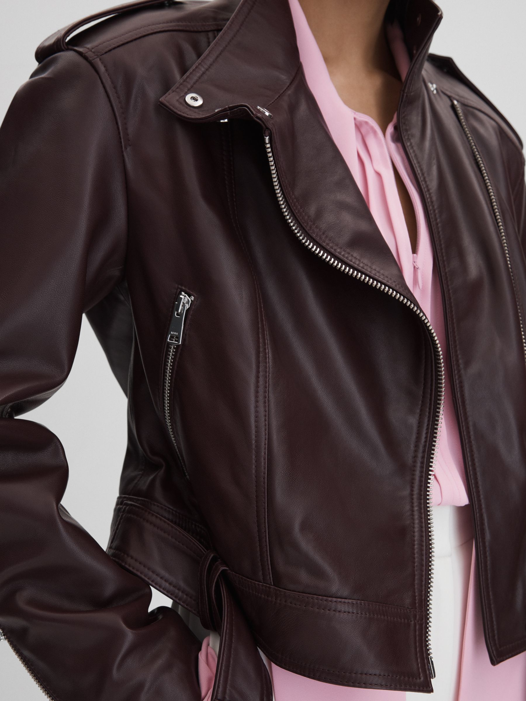 Reiss Cropped Leather Biker Jacket in Berry REISS